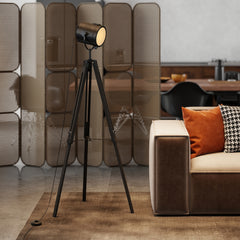 Kozy - Industrial Tripod Floor Lamp, Nautical Searchlight with Adjustable Height, Wood Legs, E14 Lamp Base for Living Room, Bedroom, Black