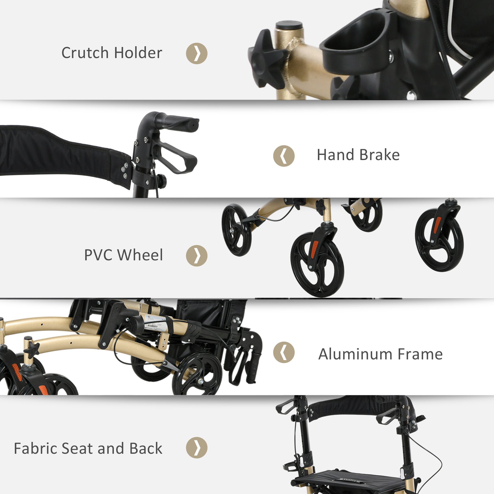 Kozy Folding Rollator with Cane Holder, Adjustable Handle Height and Aluminum Frame, 4 Wheeled Mobility Walker with Seat and Bag, Gold