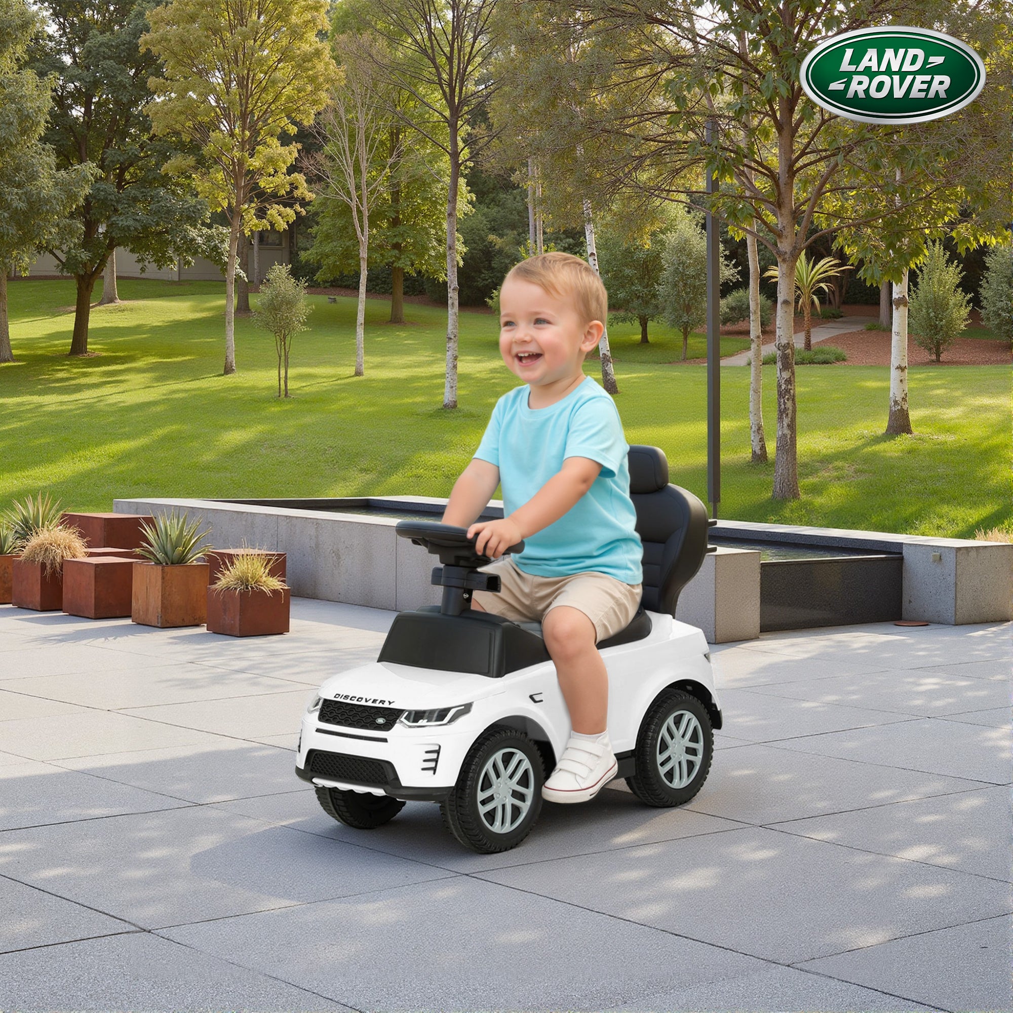 Kozy LAND ROVER DISCOVERY Licensed Baby Push Car, 2-in-1 Ride on Car with Push Handle and Safety Guardrail, White