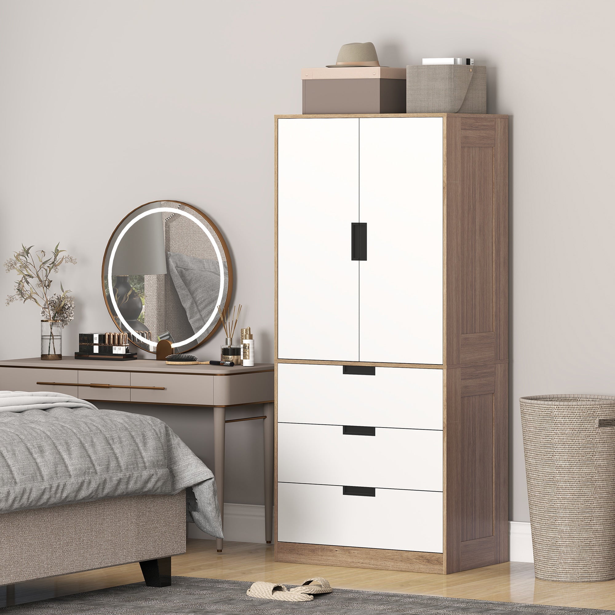 Two Door, Two Drawer Wardrobe - White/Brown