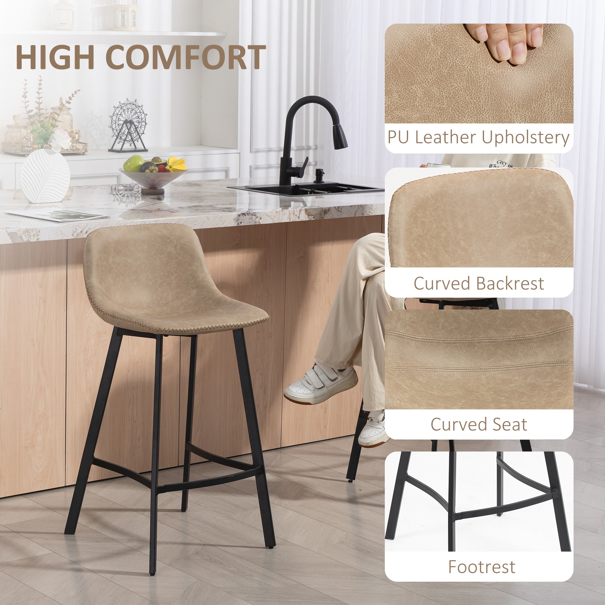 Kozy Bar Stools Set of 2, PU Leather Dining Stools with Backrest, Footrest, for Kitchen, Counter, Breakfast Bar, Light Brown