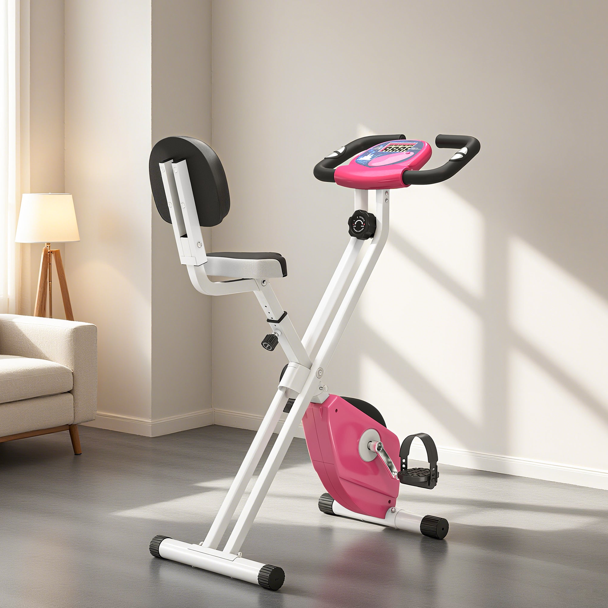 Kozy Folding Exercise Bike, Fitness Bicycle Indoor Trainer, 8-Level Magnetic Resistance Adjustable, with LCD Monitor, Pulse Sensor, Pink