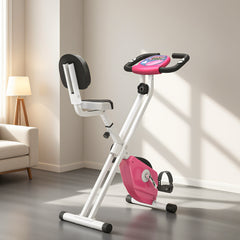 Kozy Folding Exercise Bike, Fitness Bicycle Indoor Trainer, 8-Level Magnetic Resistance Adjustable, with LCD Monitor, Pulse Sensor, Pink