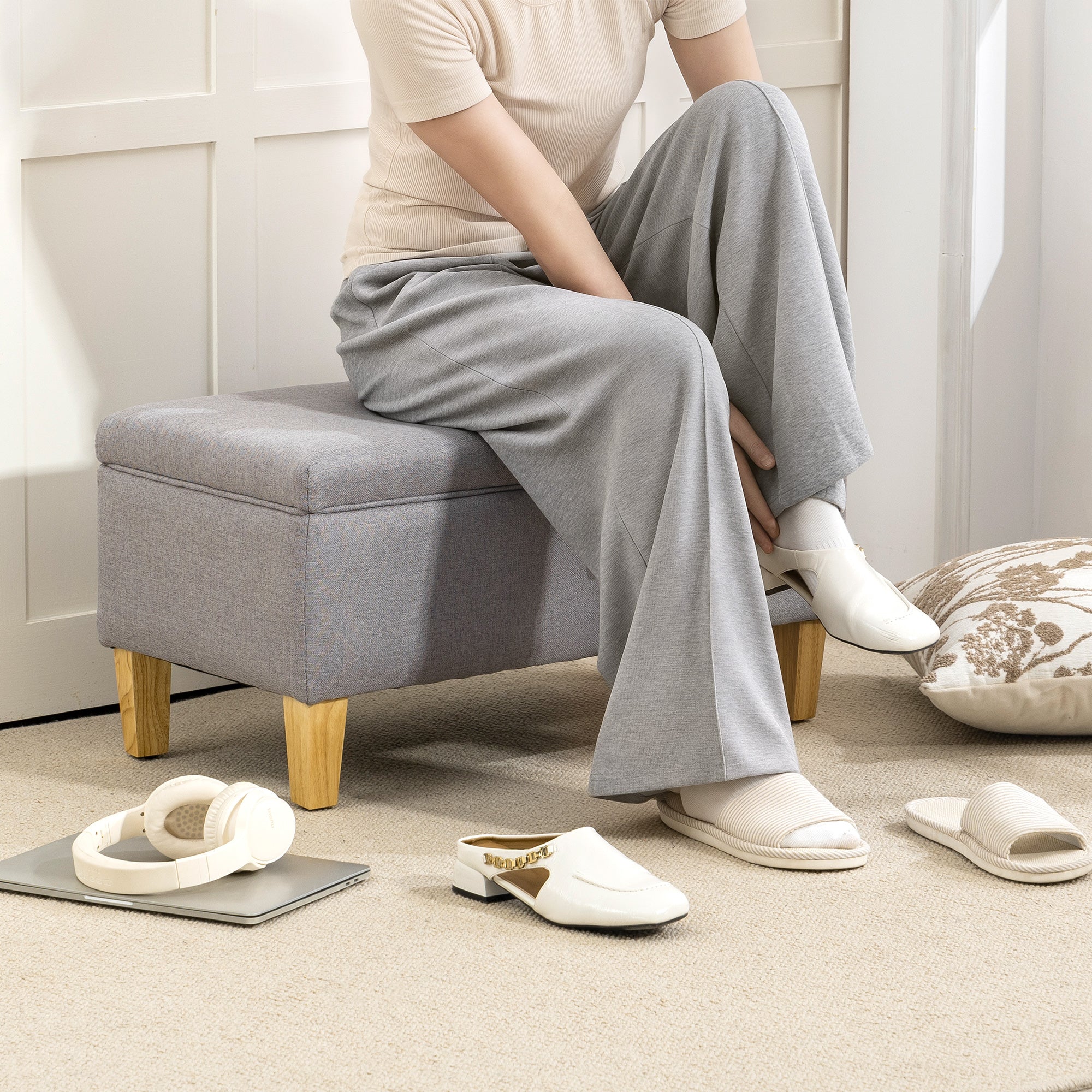 Kozy - 30L Linen Storage Ottoman Padded Footstool with Rubberwood Legs for Storage Box, Bed End, Shoe Bench, Seating, Light Grey