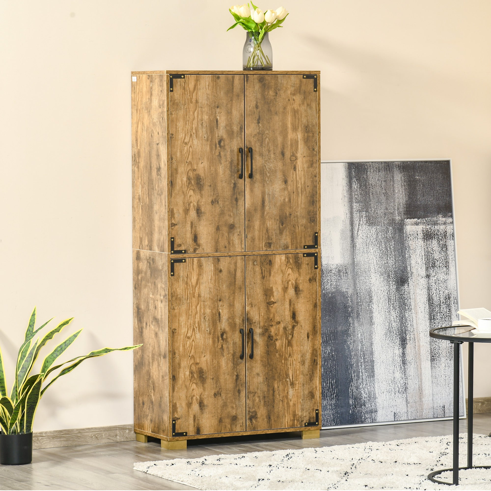 Kozy Farmhouse 4-Door Cabinet, Freestanding Tall Cupboard with Storage Shelves for Bedroom & Living Room, Rustic Wood Effect