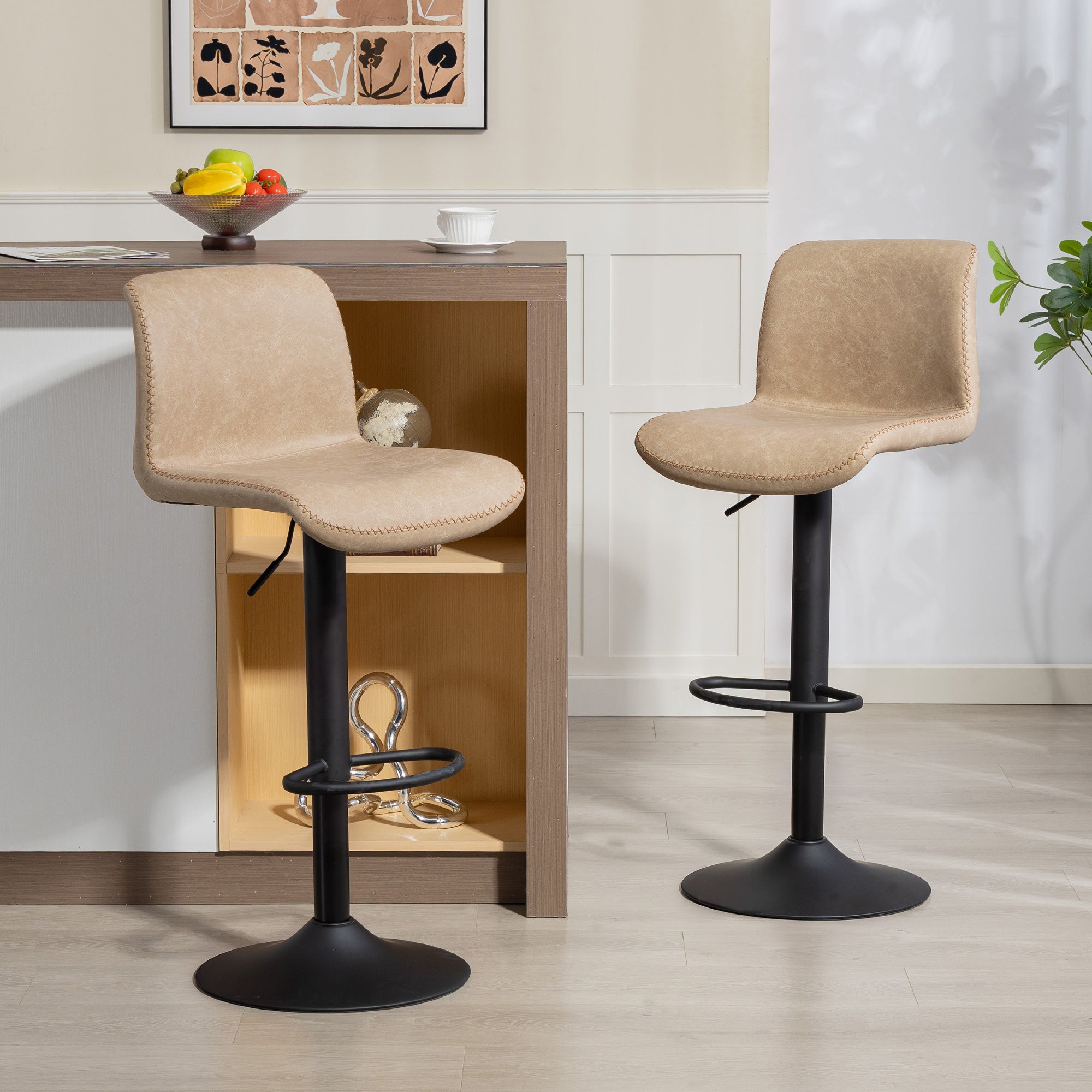 Kozy Bar Stools Set of 2, PU Leather Barstools with Backrest and Footrest for Kitchen, Counter, Breakfast Bar, Light Brown