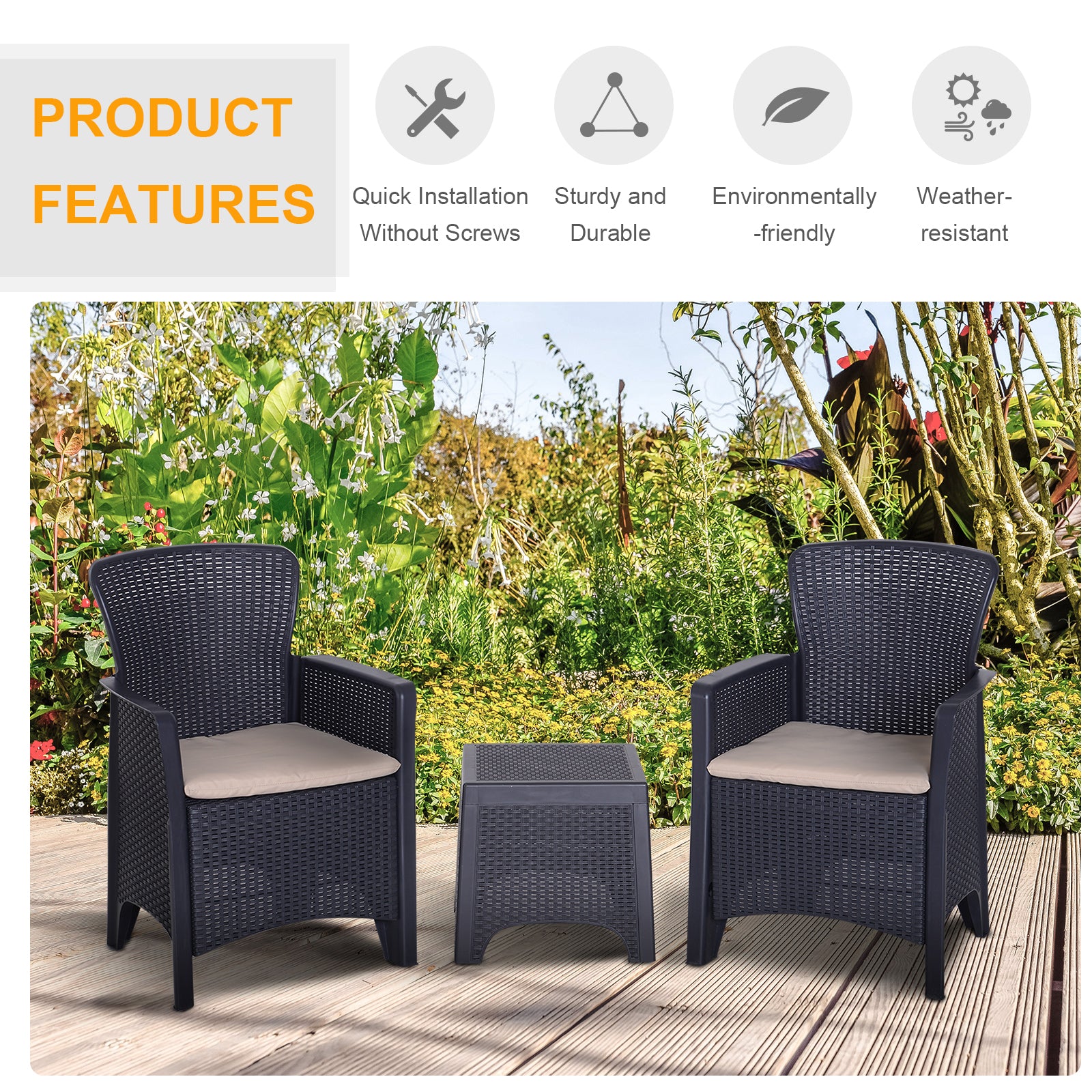 Outsunny 3 PCS Rattan Effect Garden Bistro Set  2 Chairs & Coffee Table Set with Cushion Patio Lawn Balcony Furniture