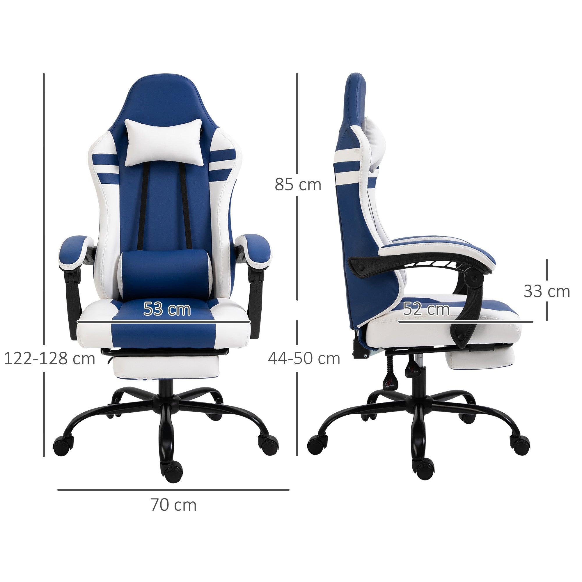 Vinsetto PU Leather Gaming Chair w/ Headrest, Footrest, Wheels, Adjustable Height, Racing Gamer Recliner, Blue White