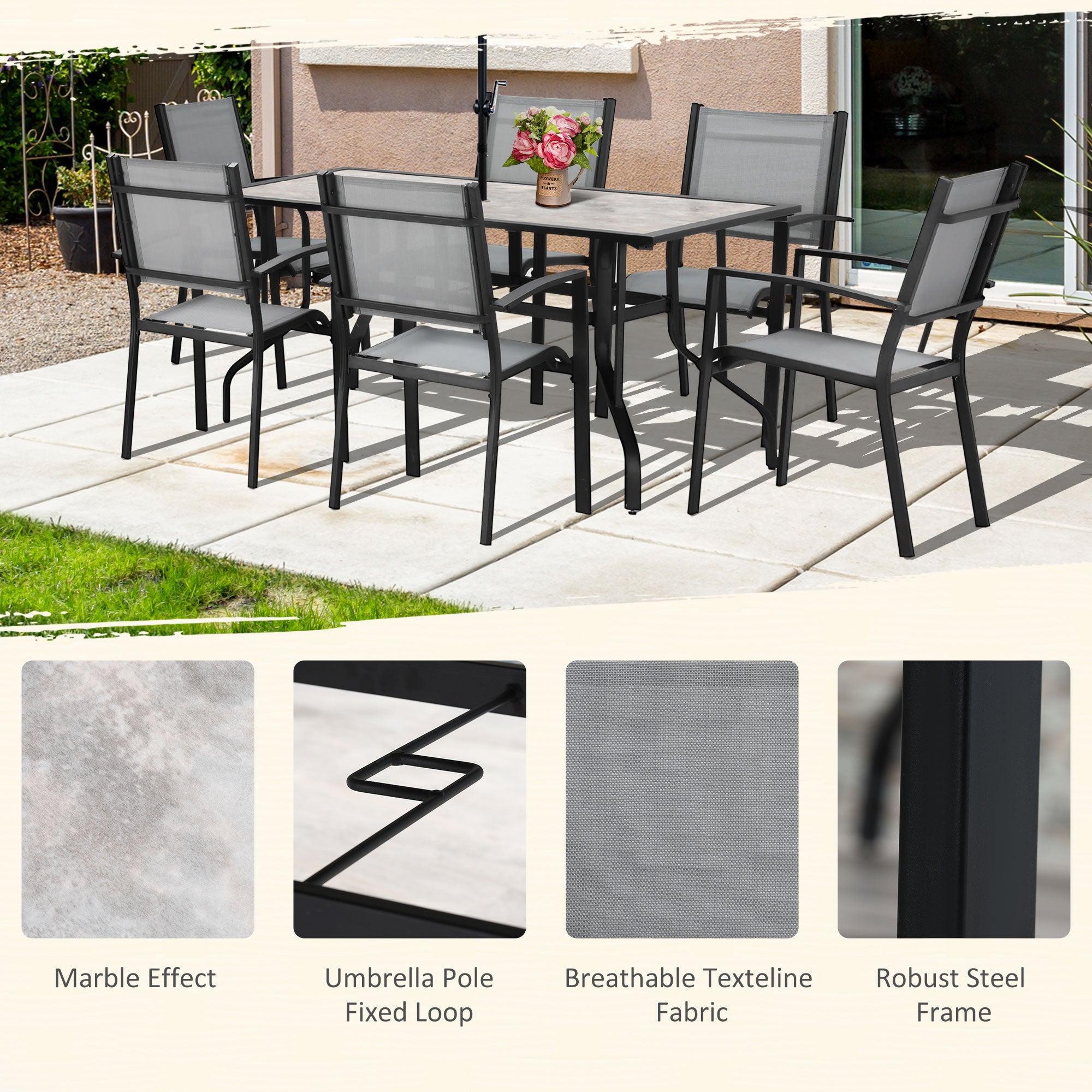 Kozy 7 Pieces Garden Dining Set, 6 Seater Garden Table and Chairs with Parasol Hole, Outdoor Furniture Armchairs and Stone-like Plastic Top Table with Breathable Mesh Fabric Seat, Grey