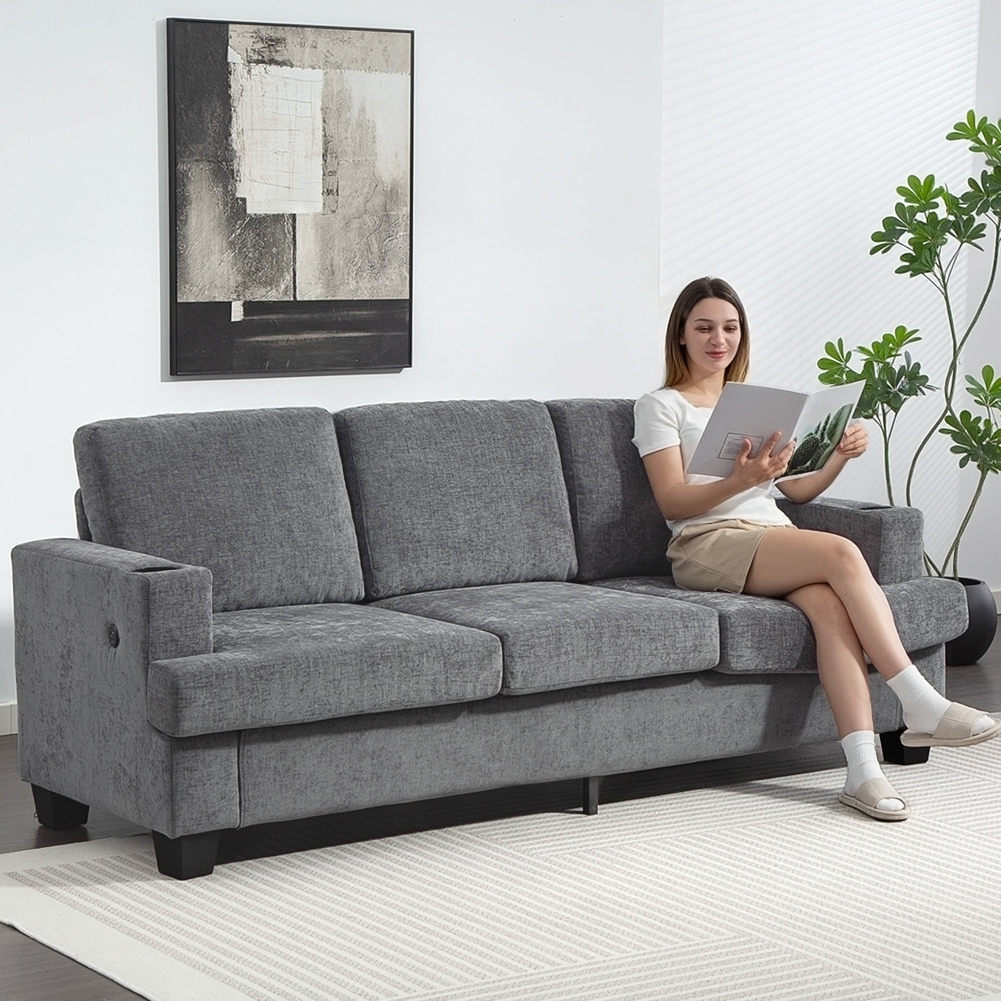 Kozy - 3 Seater Sofa with USB Ports & Cup Holders - Grey