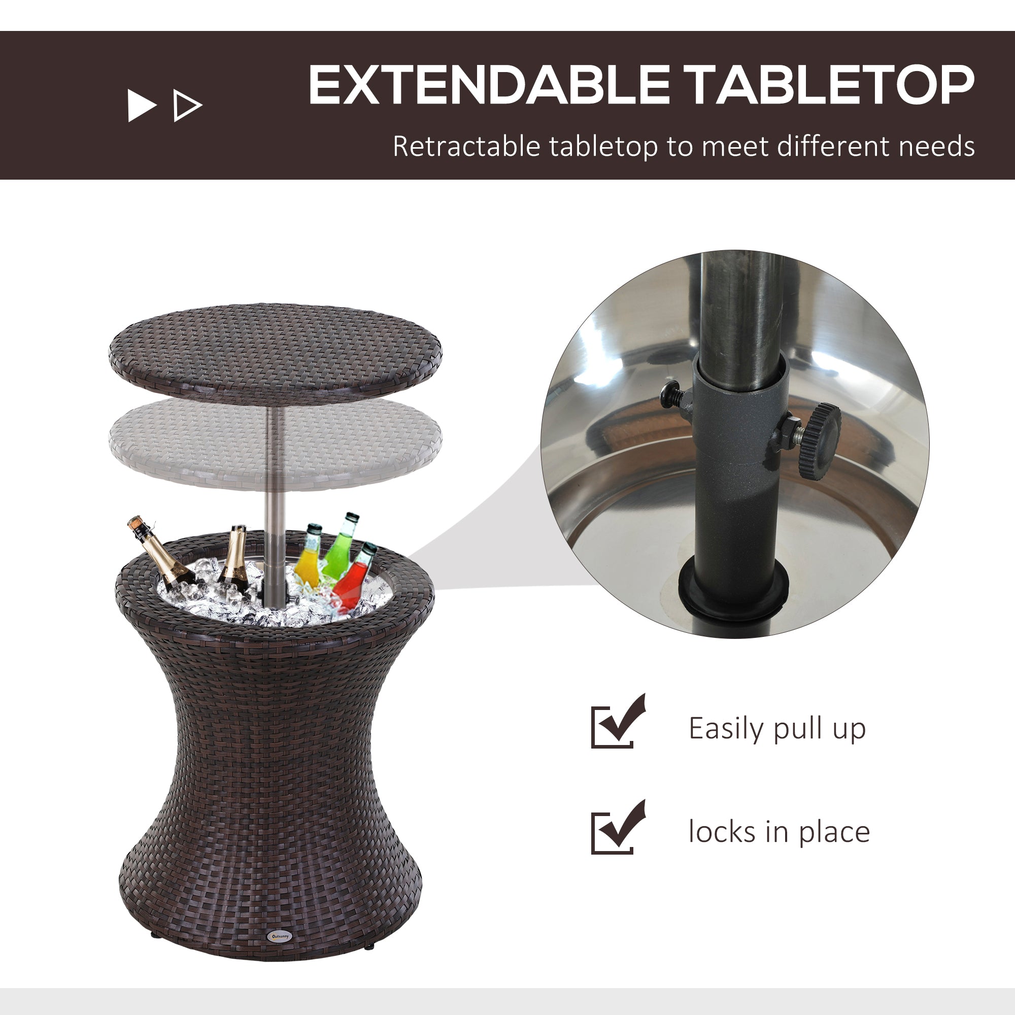 Kozy PE Rattan Ice Bucket Table, Height Adjustable Liftable Outdoor Drinks Cooler, 52 cm Round Garden Beer Cocktail Table with Lid for Bar, Patio, Terrace, Brown