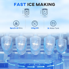 Kozy 3L Ice Maker Machine and Water Dispenser, 12kg in 24H, 2 Sizes 9 Ice Cubes Ready in 6-10 Mins Ice Machine, Silver