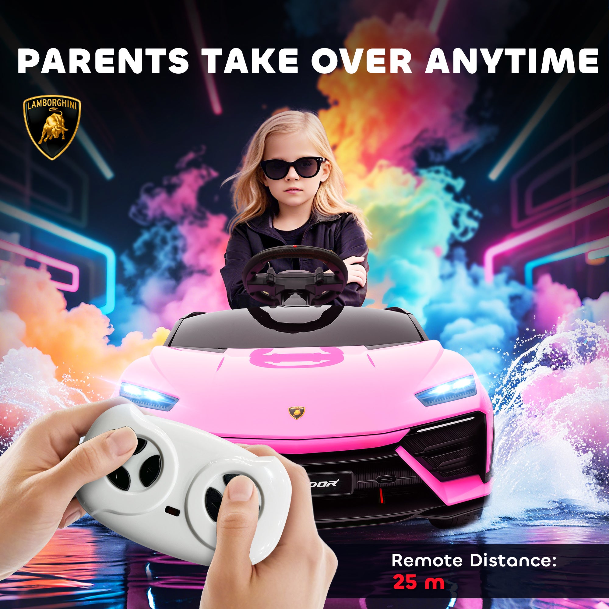 Kozy 12V Licensed Lamborghini Electric Cars for Kids, Ride On Car with Remote Control for 3-6 Years Old, Pink
