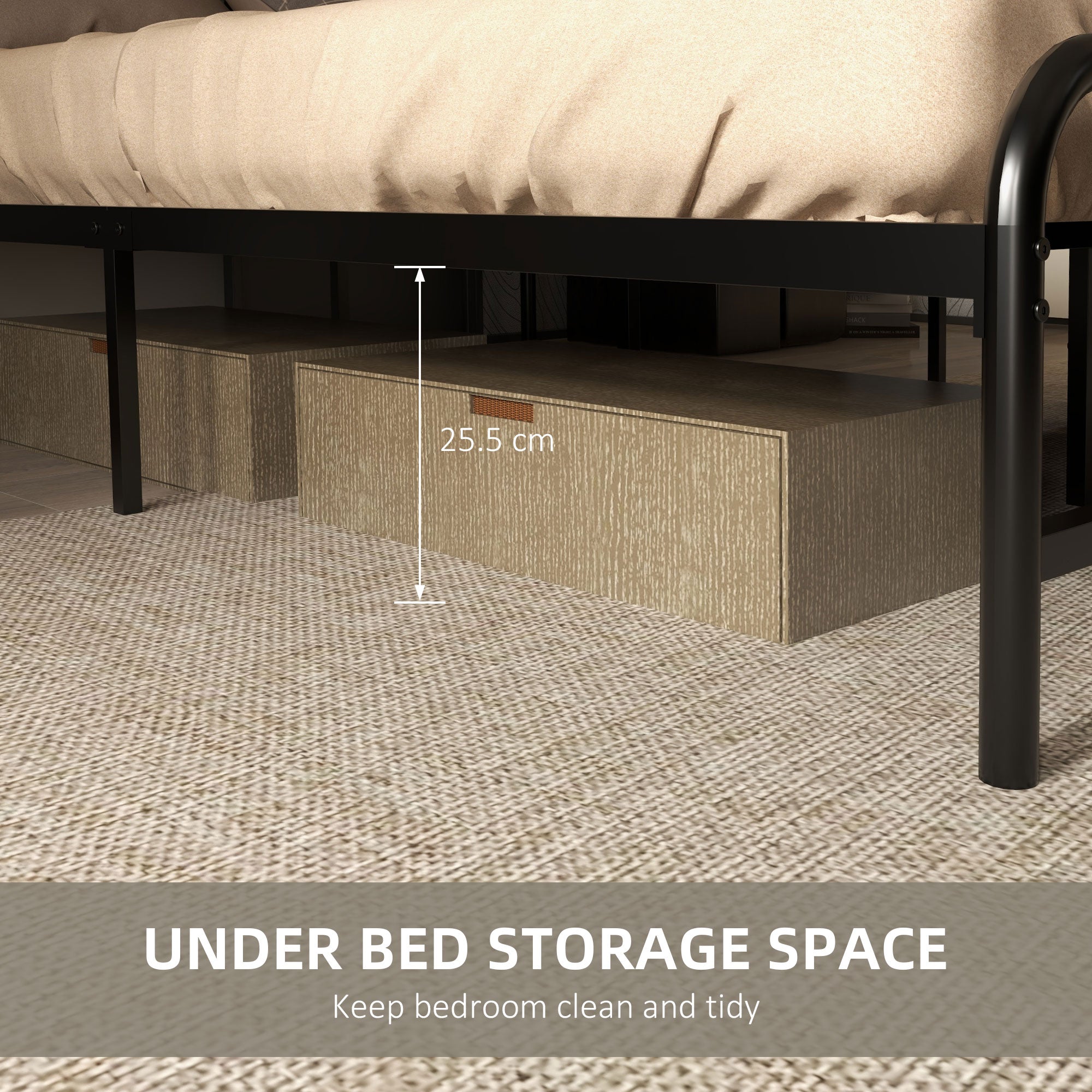 4.8ft Double Bed Frame with Industrial Wood Headboard, Steel Slat Support and 25.5cm Underbed Storage Space, 145 x 197cm, Rustic Brown