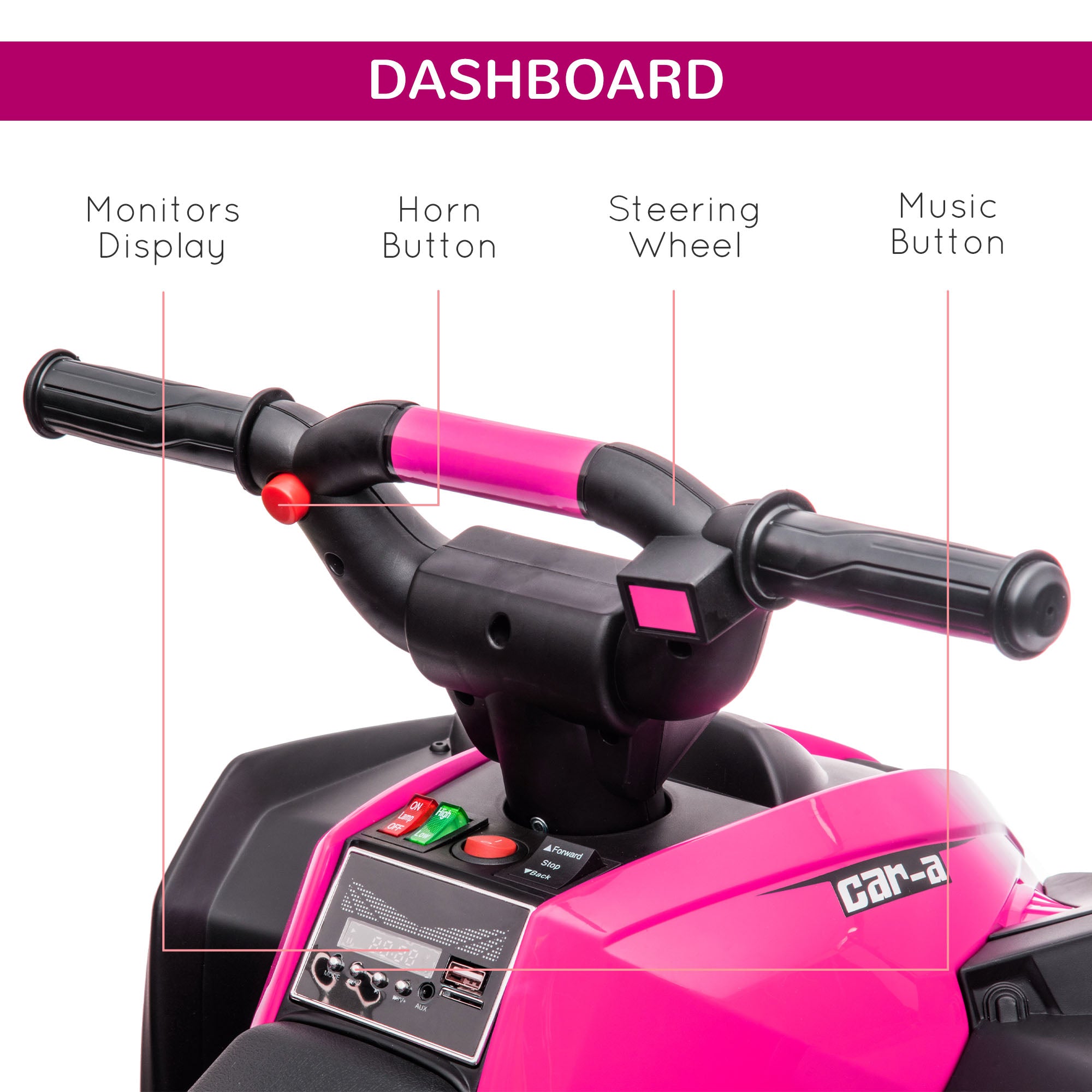 HOMCOM 12V Quad Bike with Forward Reverse Functions, Ride on Car ATV Toy with High/Low Speed, Slow Start, Suspension System, Horn, Music, Pink