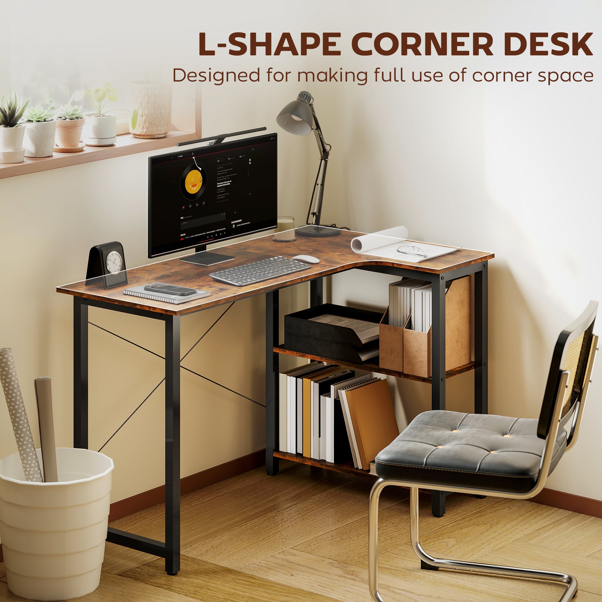 Kozy - L Shaped Desk, Corner Computer Desk with Bookshelf for Home Office, Study Room, Workstation, 120 x 73.2 x 75cm, Rustic Brown
