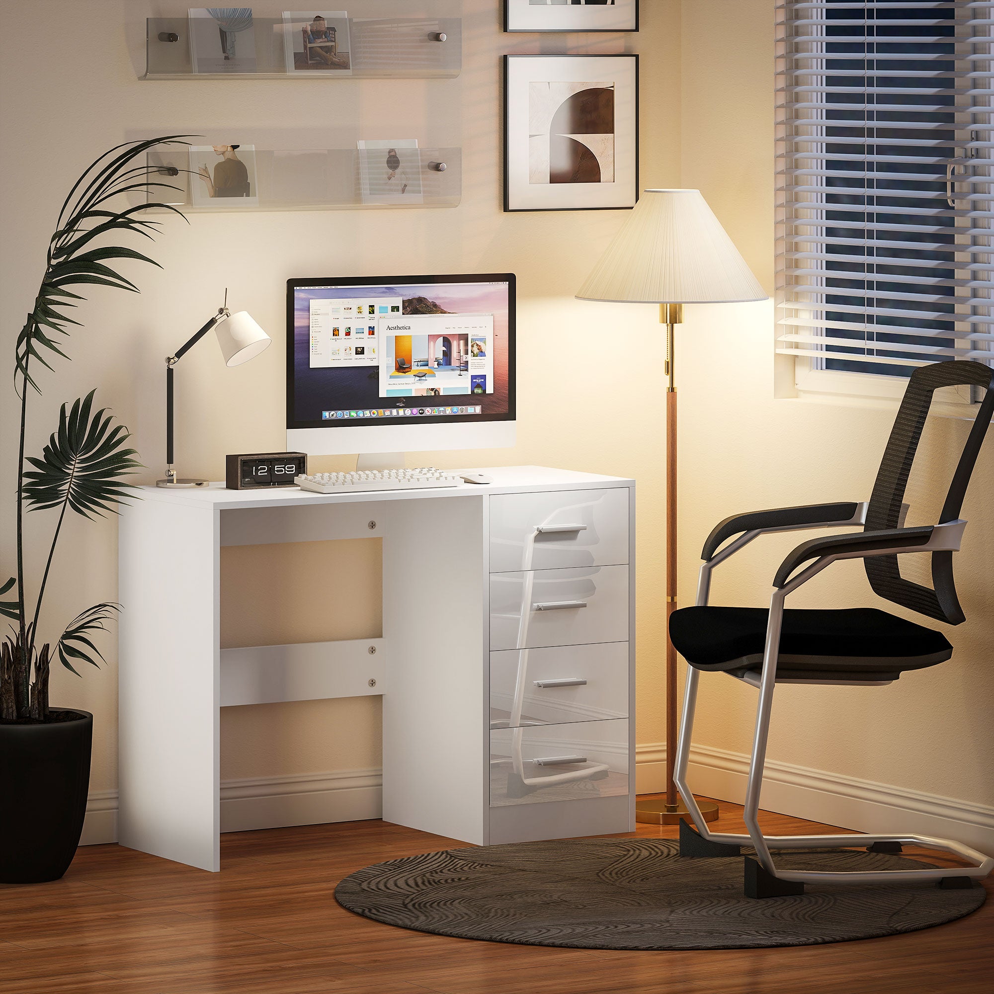 Kozy Computer Desk with Drawers, Dressing Table, High Gloss Home Office Writing Workstation, White