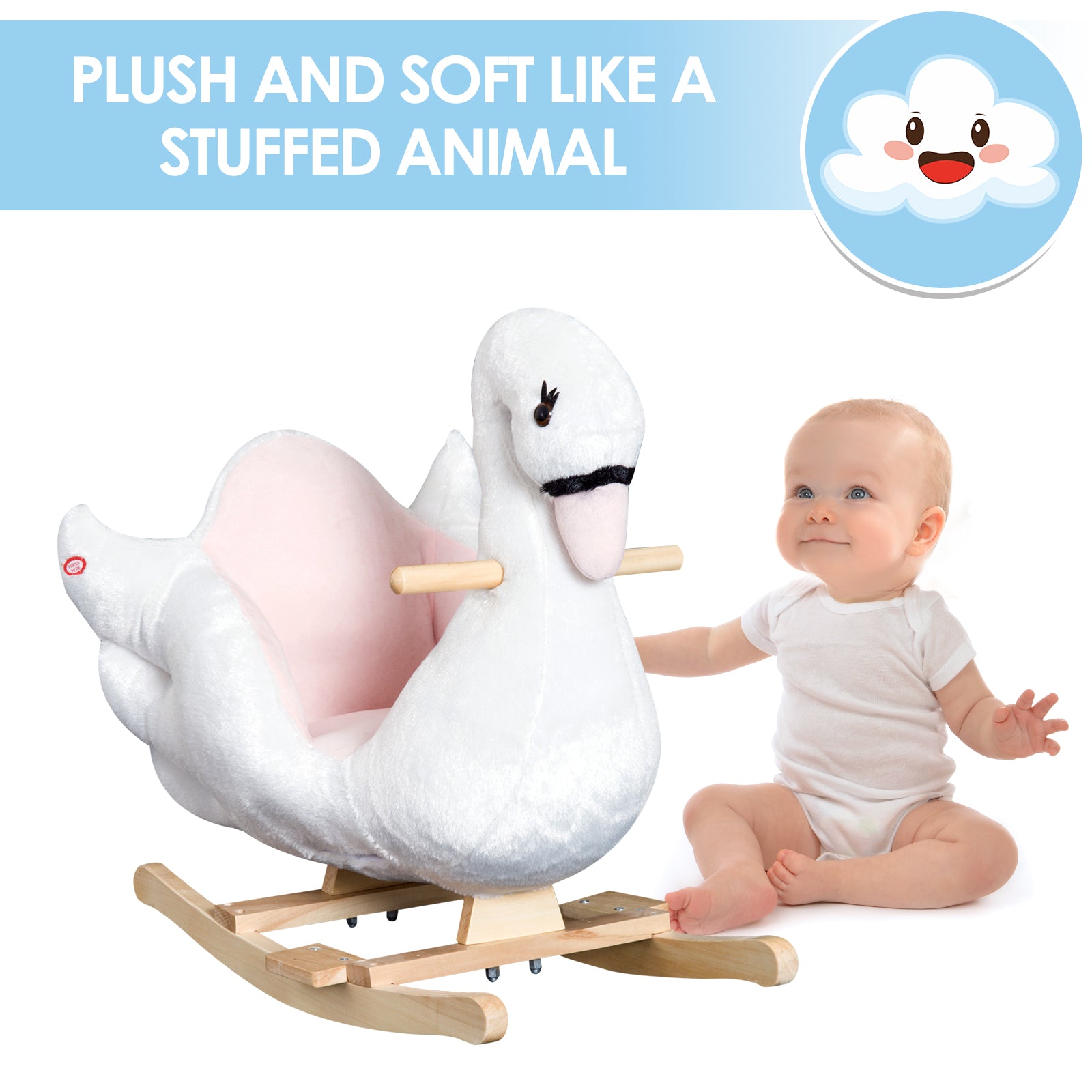 HOMCOM Swan Rocking Horse Kids Wooden Ride On Plush Toy w/ Music