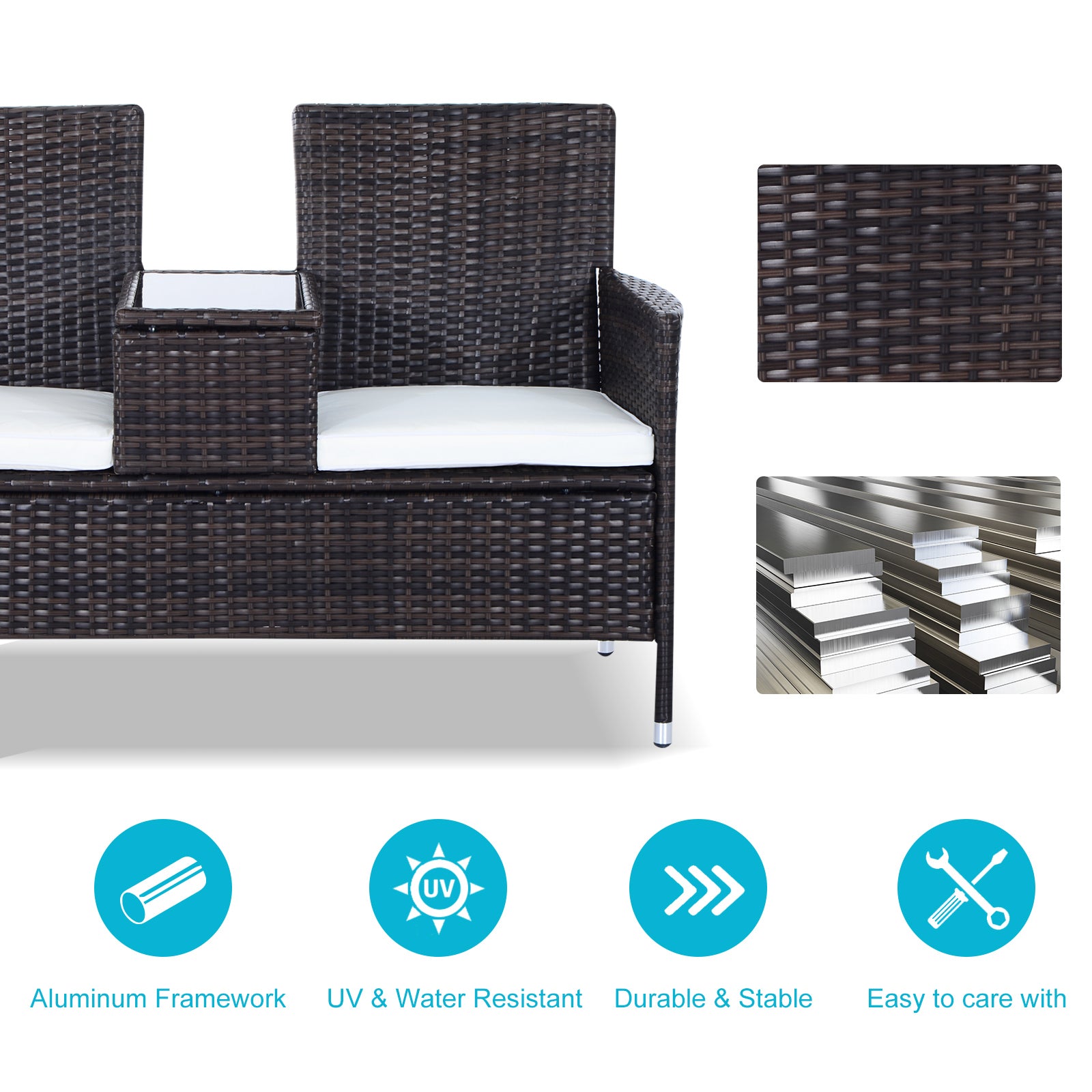 Kozy 2-Seater Rattan Chair Furniture Set W/ Middle Tea Table-Brown