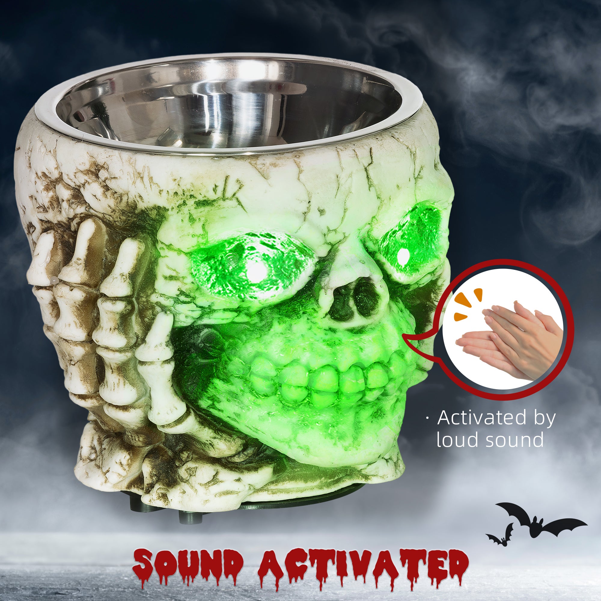 Kozy - 14cm 5.5" Skeleton Candy Bowl Outdoor Halloween Decoration, Halloween Prop with Sound Activated, Light Up Eyes, Sound Effects for Haunted House