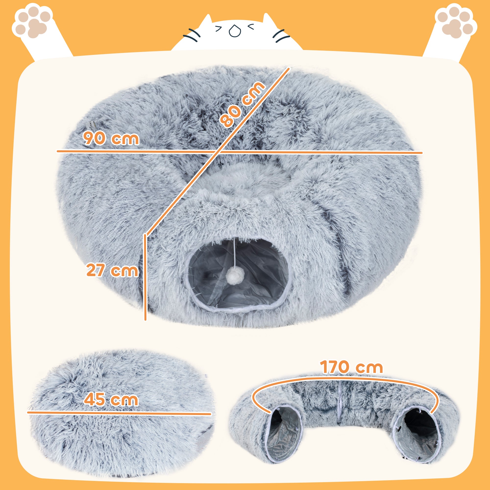 Kozy - 2-in-1 Donut Cat Tunnel with Washable Bed, Play Tunnel Bed with Toy Ball and Door Hole for Indoor Cats, Light Grey