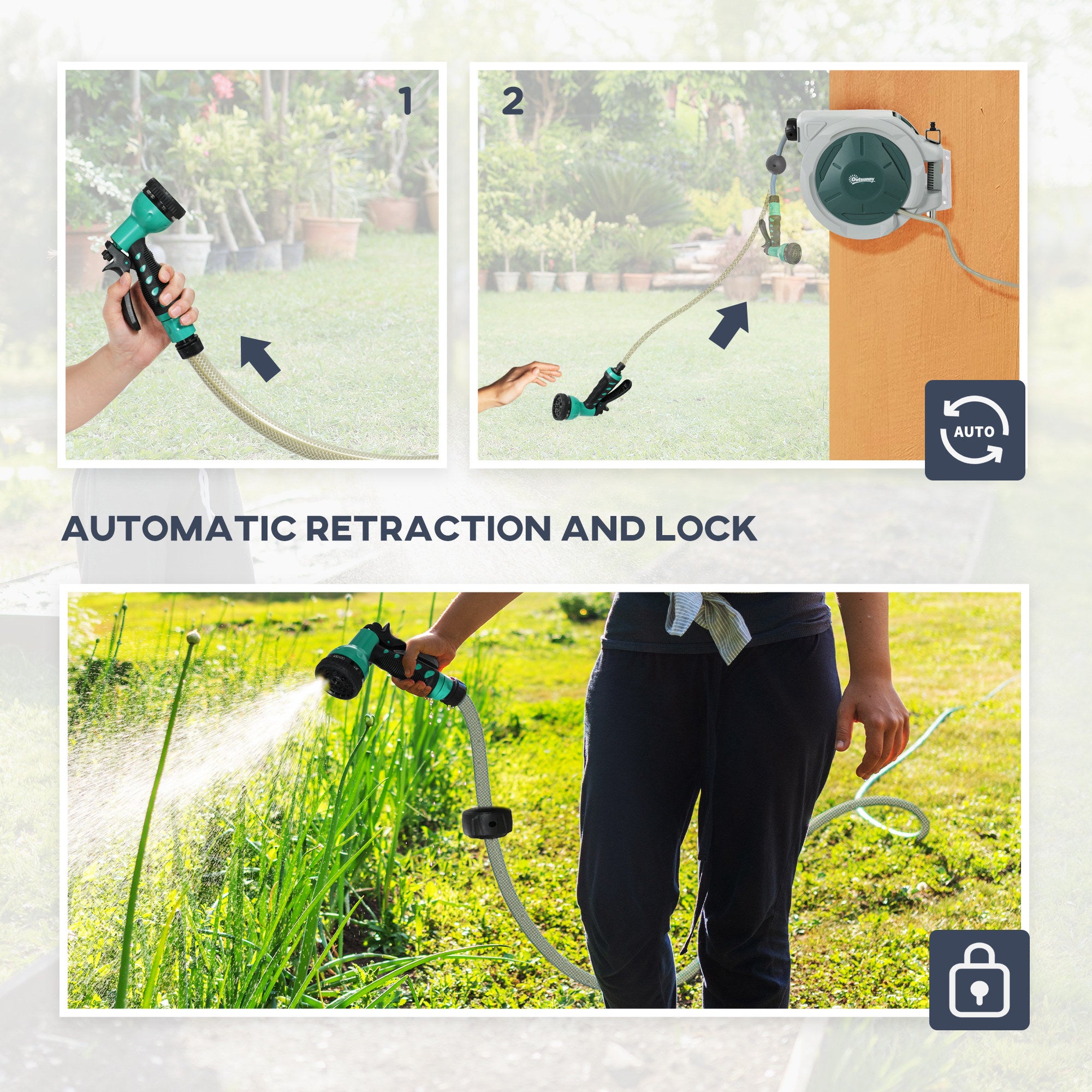 Kozy - Retractable Hose Reel Wall Mounted, 20+2m Garden Hose Pipe Reel with Lock, Auto Rewind, 7 in 1 Spray Nozzle, Includes Wall Fixings, 180° Swivel, Outdoor Watering, Light Grey