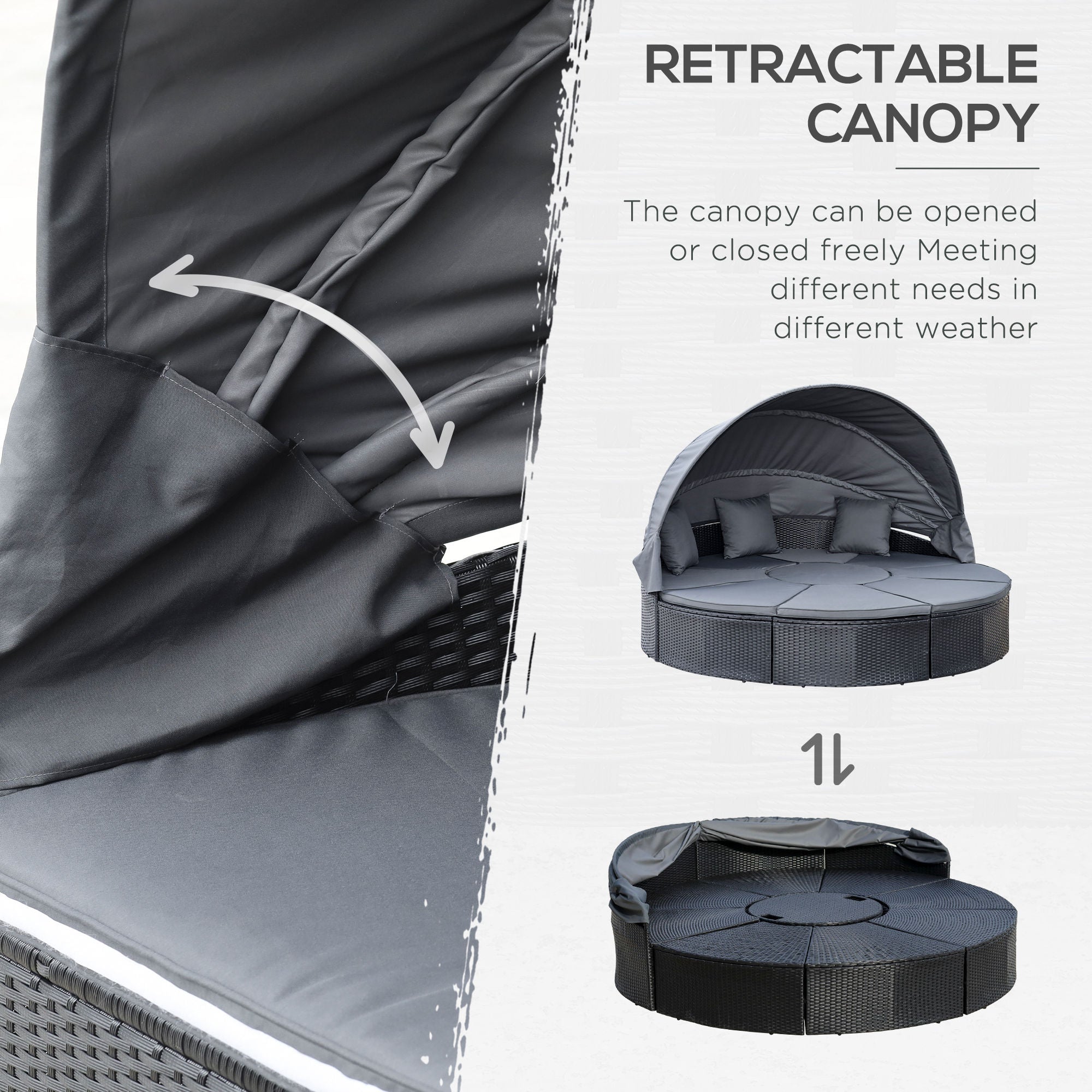 Kozy 4 Pieces PE Rattan Garden Daybed Set, Outdoor Wicker Cushioned Round Sofa Bed Conversation Furniture with Coffee Table & Canopy, Black