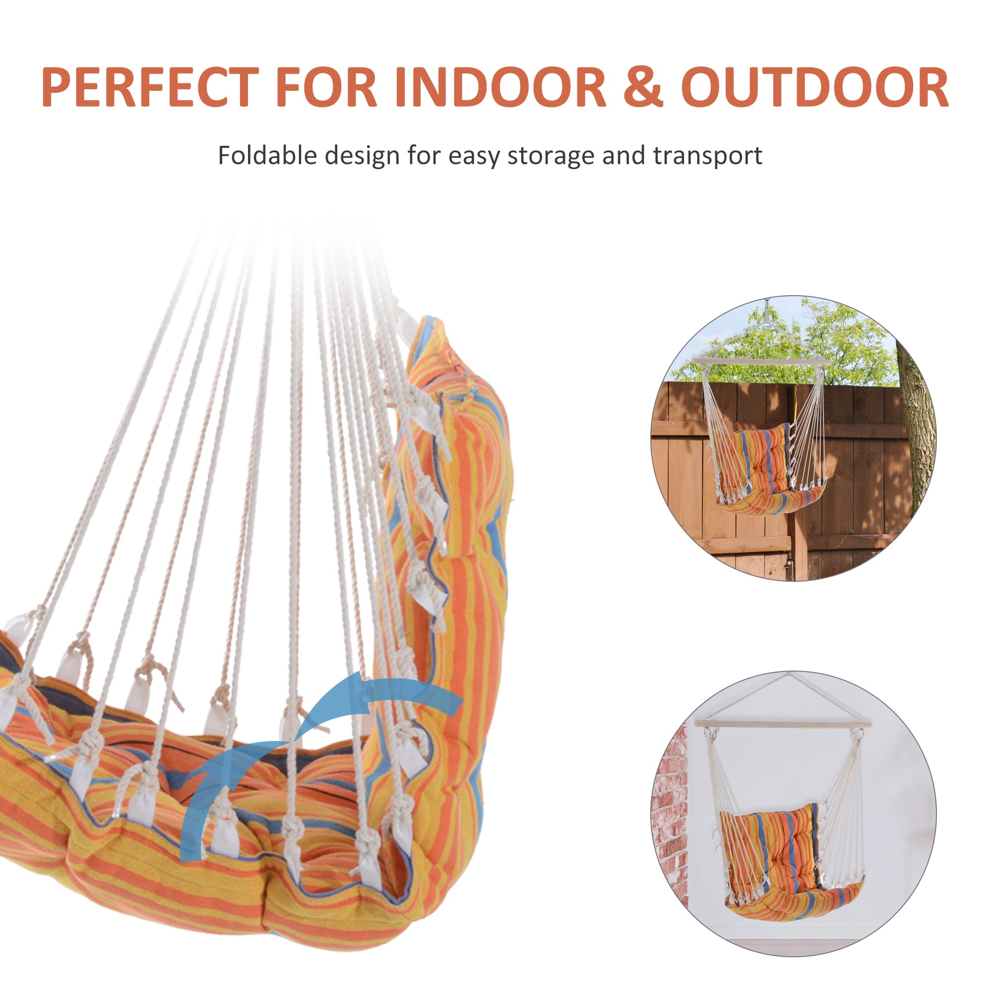 Kozy Outdoor Hanging Rope Chair with Soft Padded Seat & Backrest, Garden Hammock Chair with Wooden Support Bar Cotton Cloth, Portable Garden Chair for Patio & Tree, Orange