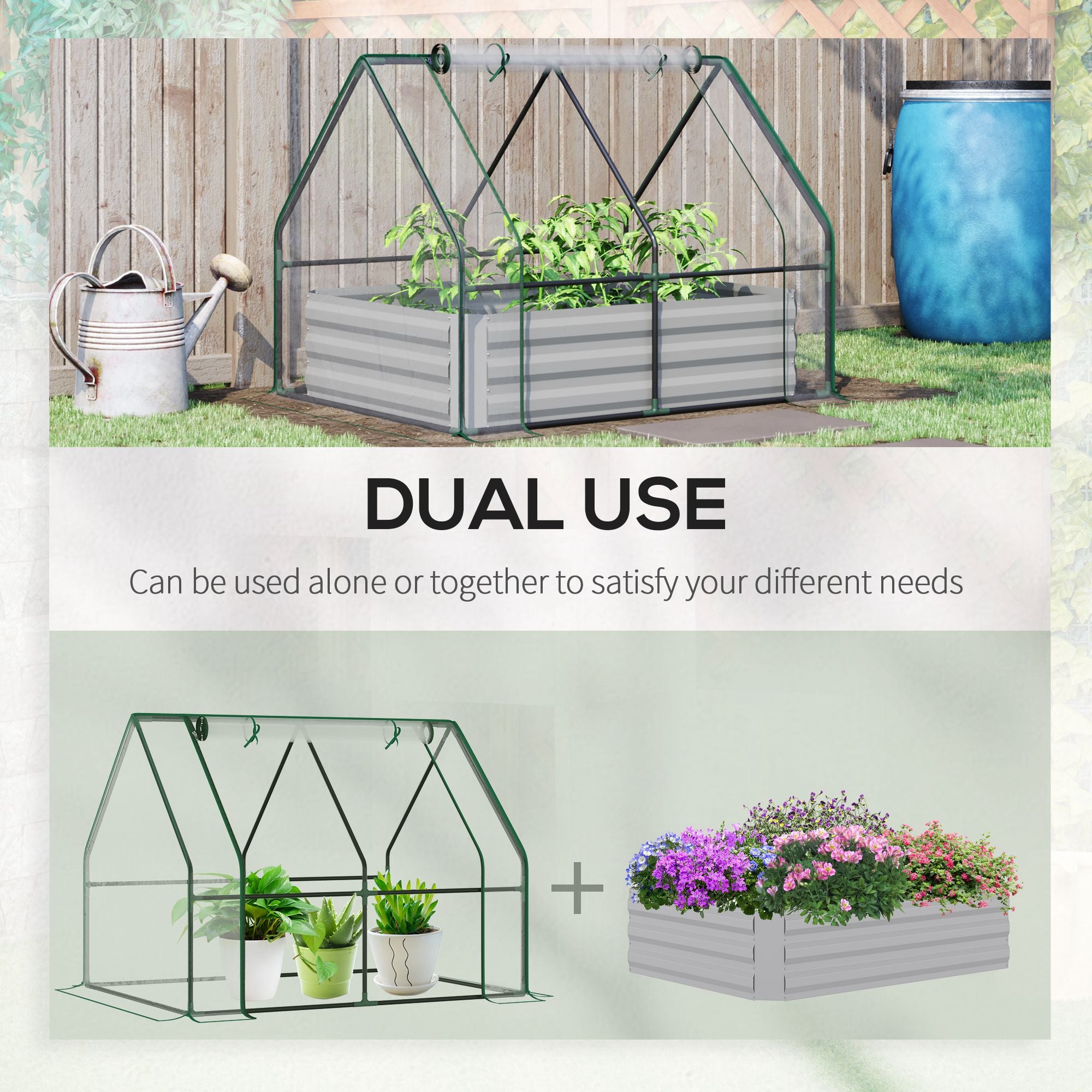 Kozy Raised Garden Bed with Greenhouse, Steel Planter Box with Plastic Cover, Roll Up Window, Dual Use for Flowers, Vegetables, Fruits and Herbs, 127L x 95W x 92H cm, Clear