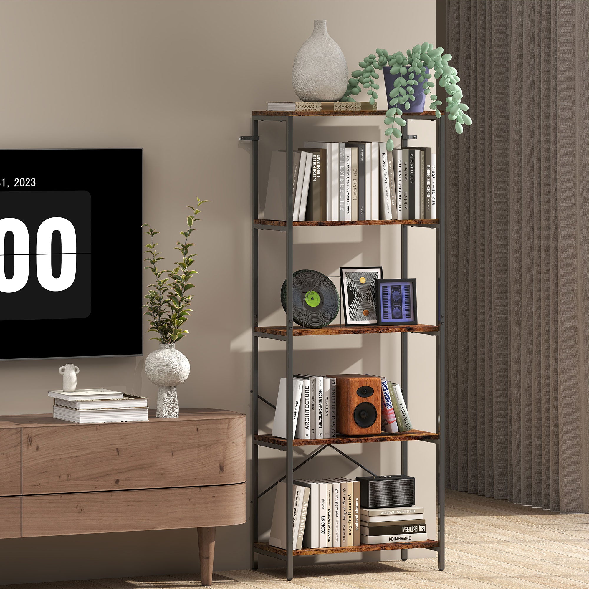 Kozy 5-Tier Bookshelf, Industrial Bookcase with Metal Frame - Rustic Brown and Black