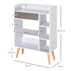 Kozy Bookcase, Freestanding Book Shelf with Storage Drawer, 6 Shelves and Wood Legs for Home Office Display, White and Grey, 24D x 60W x 86.8H cm