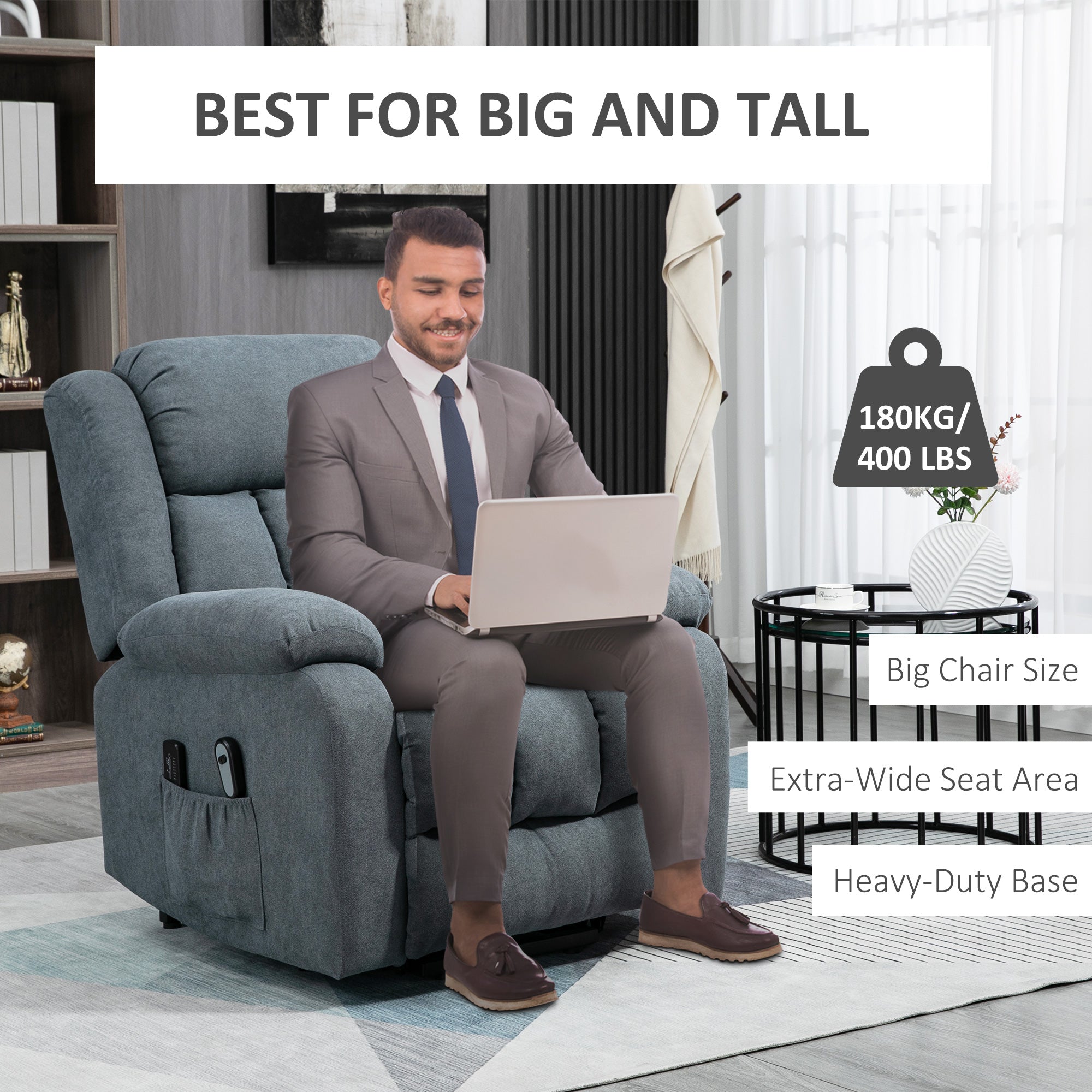 HOMCOM Oversized Riser and Recliner Chairs for the Elderly, Heavy Duty Fabric Upholstered Lift Chair w/ Remote Control, Side Pocket | Aosom UK
