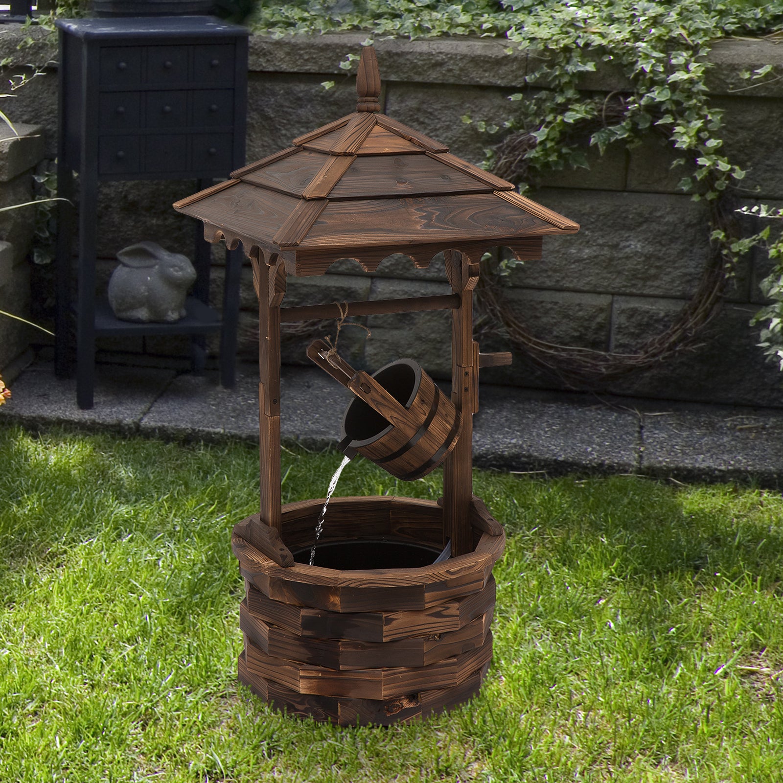 Outsunny Fir Wood Outdoor Garden Décor Wishing Well Waterfall