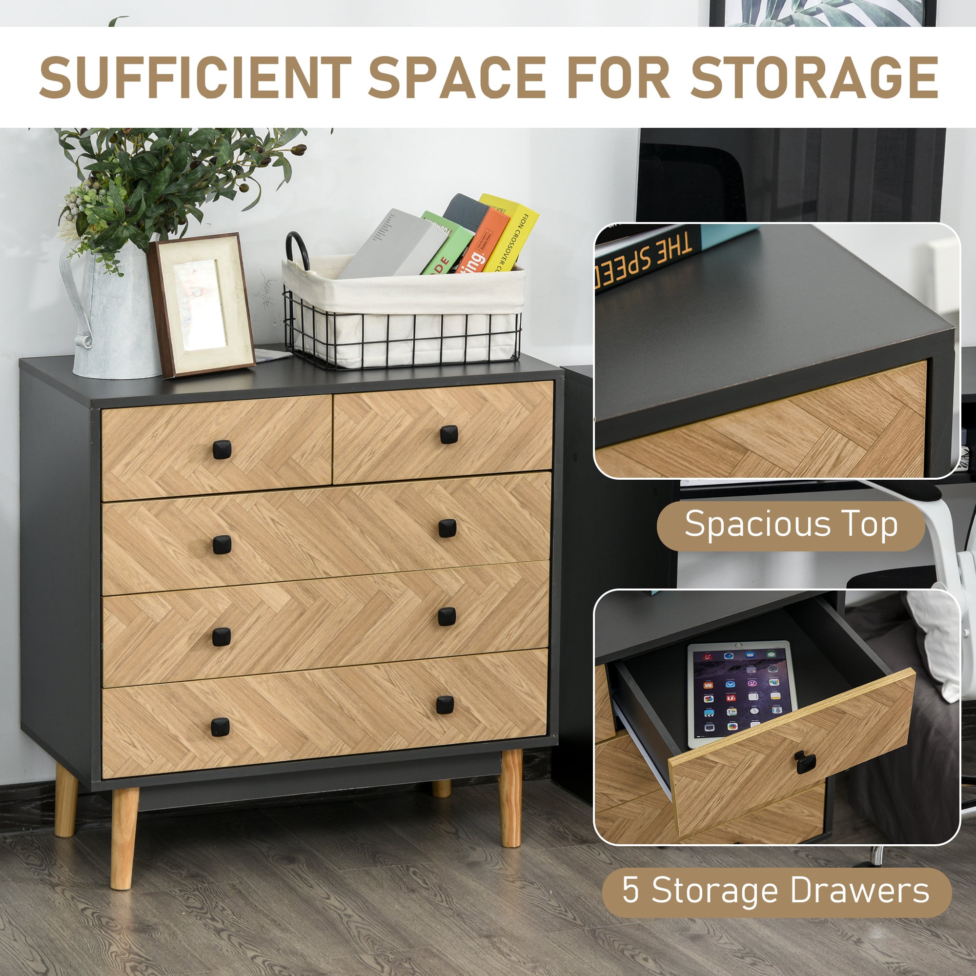 Kozy Chest of Drawers, 5 Drawer Storage Cabinet Sideboards with Metal Handles Freestanding Dresser for Bedroom, Living Room