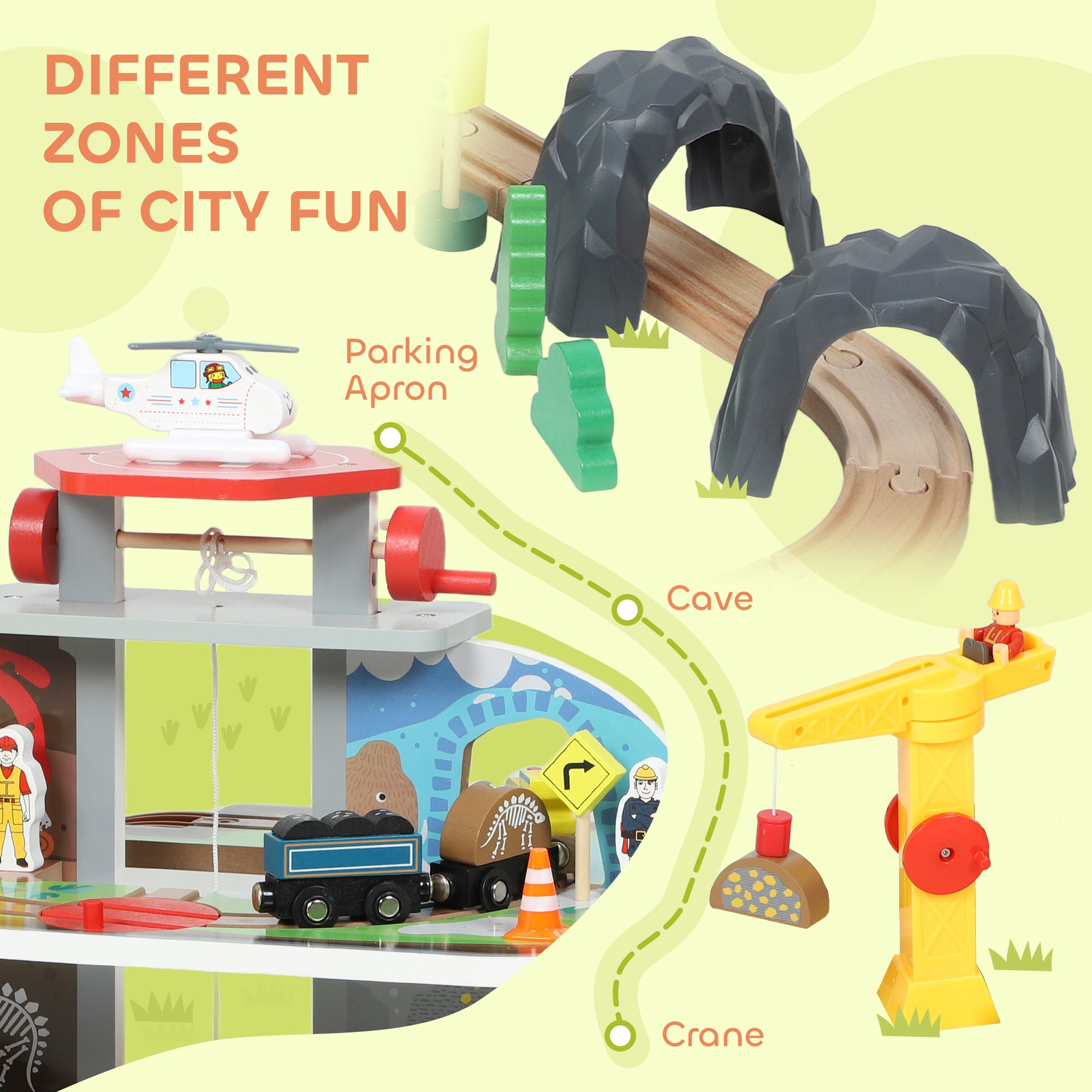 Kozy 79 Piece Wooden Train Set, Kids Train Track Mine Themed with Crane, Helicopter