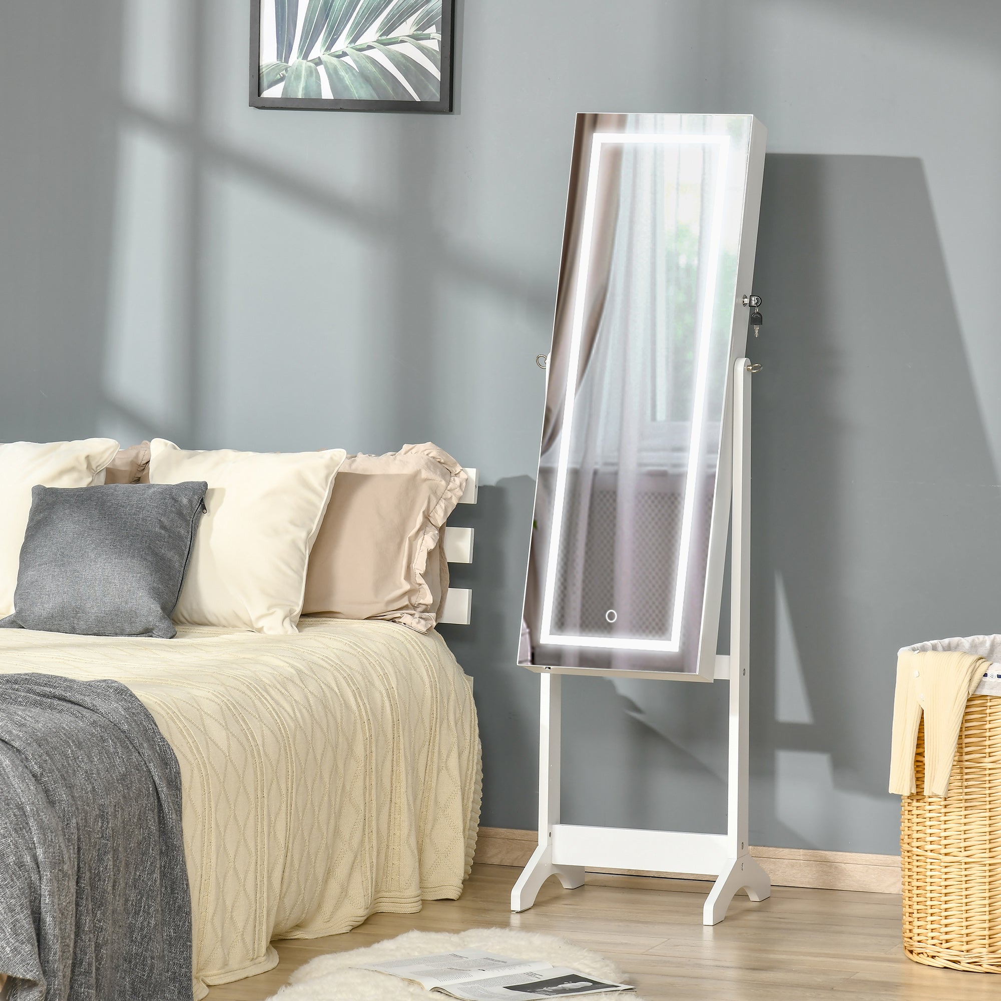 Kozy Jewellery Cabinet with LED Light, Lockable Jewellery Organiser with Full-Length Mirror for Bedroom Dressing Room, White