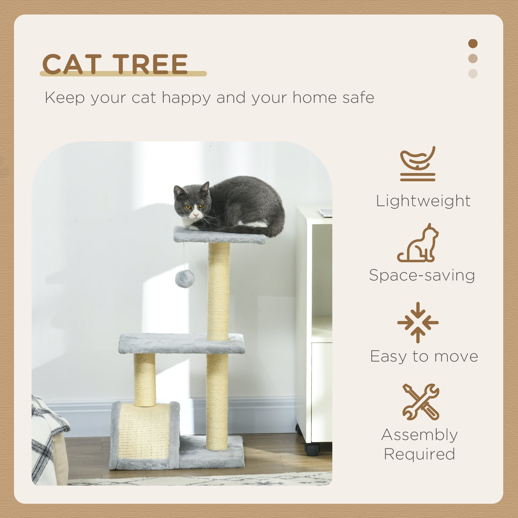 PawHut Compact Cat Tree for Indoor Use, Multi-Level with Sisal Scratching Posts, Cushioned Platform, Hanging Ball, Light Grey | Aosom UK