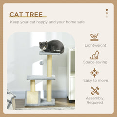 PawHut Compact Cat Tree for Indoor Use, Multi-Level with Sisal Scratching Posts, Cushioned Platform, Hanging Ball, Light Grey | Aosom UK