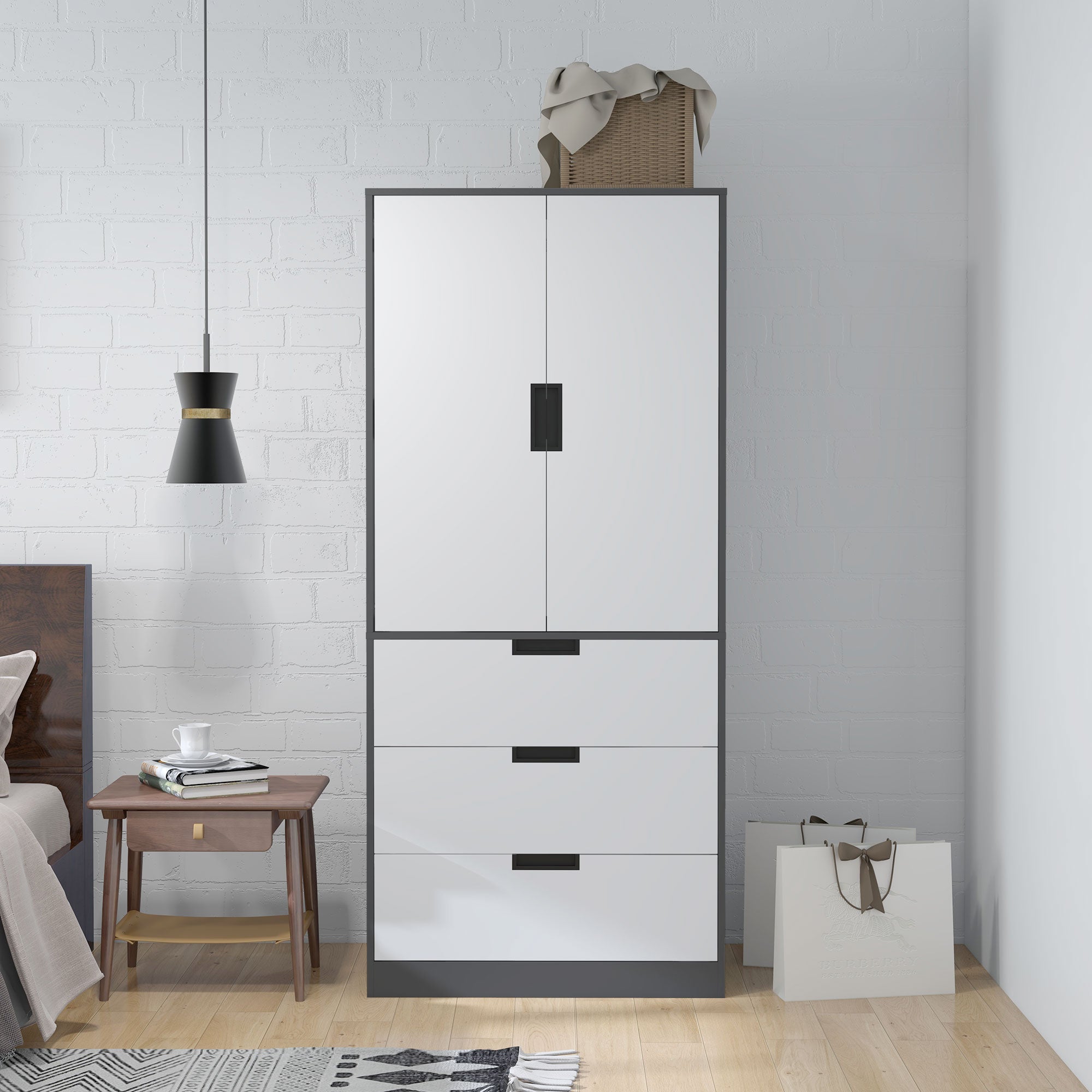 Two Door, Two Drawer Wardrobe - White/Brown