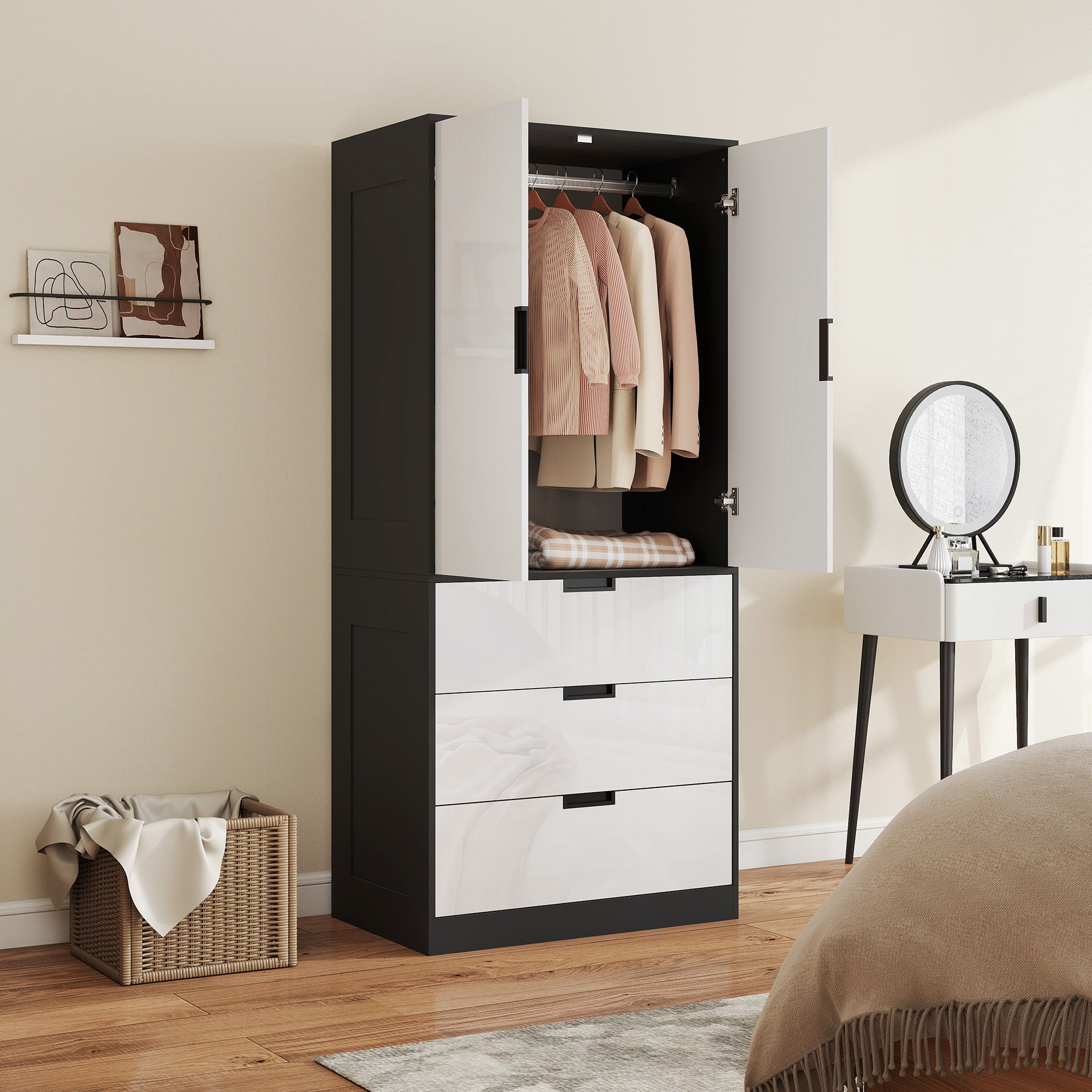 Two Door, Two Drawer Wardrobe - White/Brown