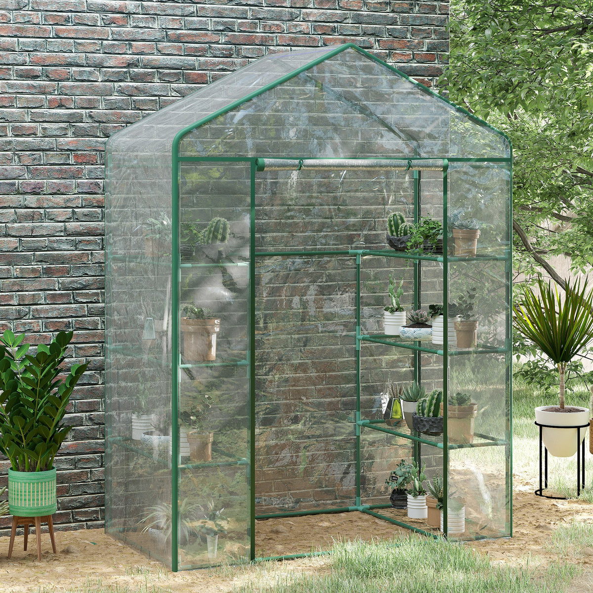 Outsunny 4 Tiers 8 Shelves Metal Frame Walk in Portable Greenhouse Transparent 143 L x 73W x 195H cm