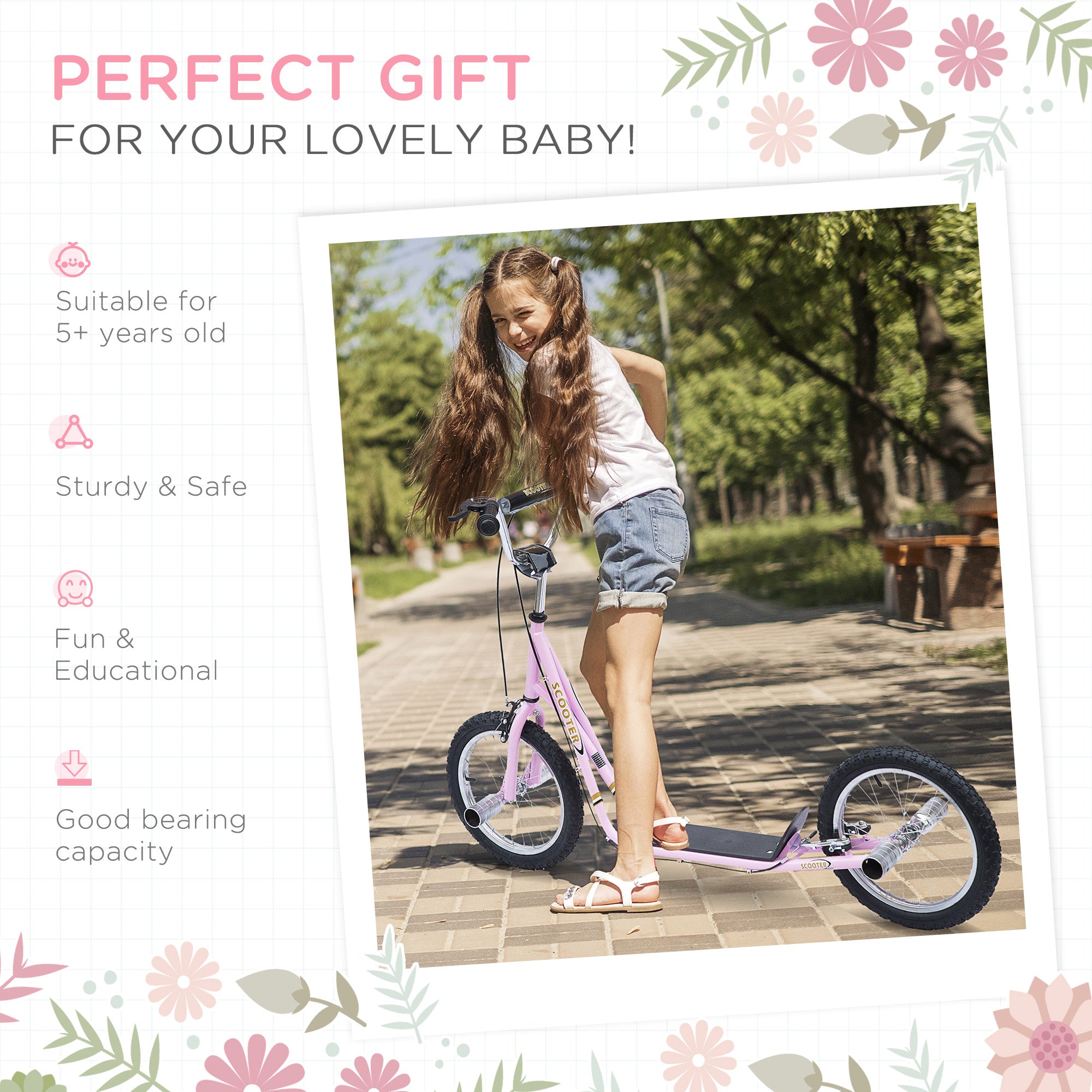 Kozy Stunt Scooter, Kids Scooter with 16" Big Wheels, Adjustable Height, Dual Brakes, for Ages 5+ Years, Black