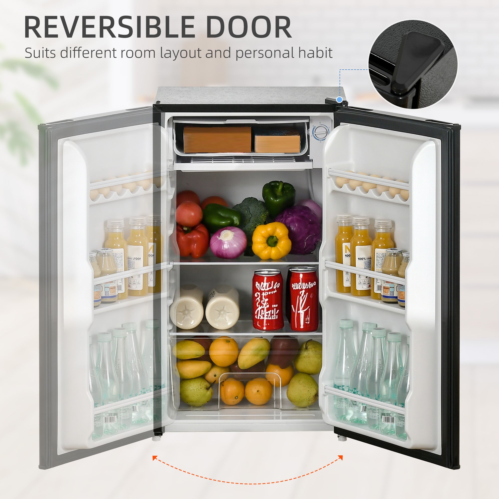 Kozy Under Counter Fridge, 91L Small Fridge with Chiller Box, Removable Shelf, Reversible Door, Adjustable Legs, Mini Refrigerator, Black