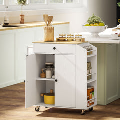 Kozy - Rolling Kitchen Island with 3-Tier Spice Rack, Kitchen Storage Cart with Drawer and Towel Rack, White