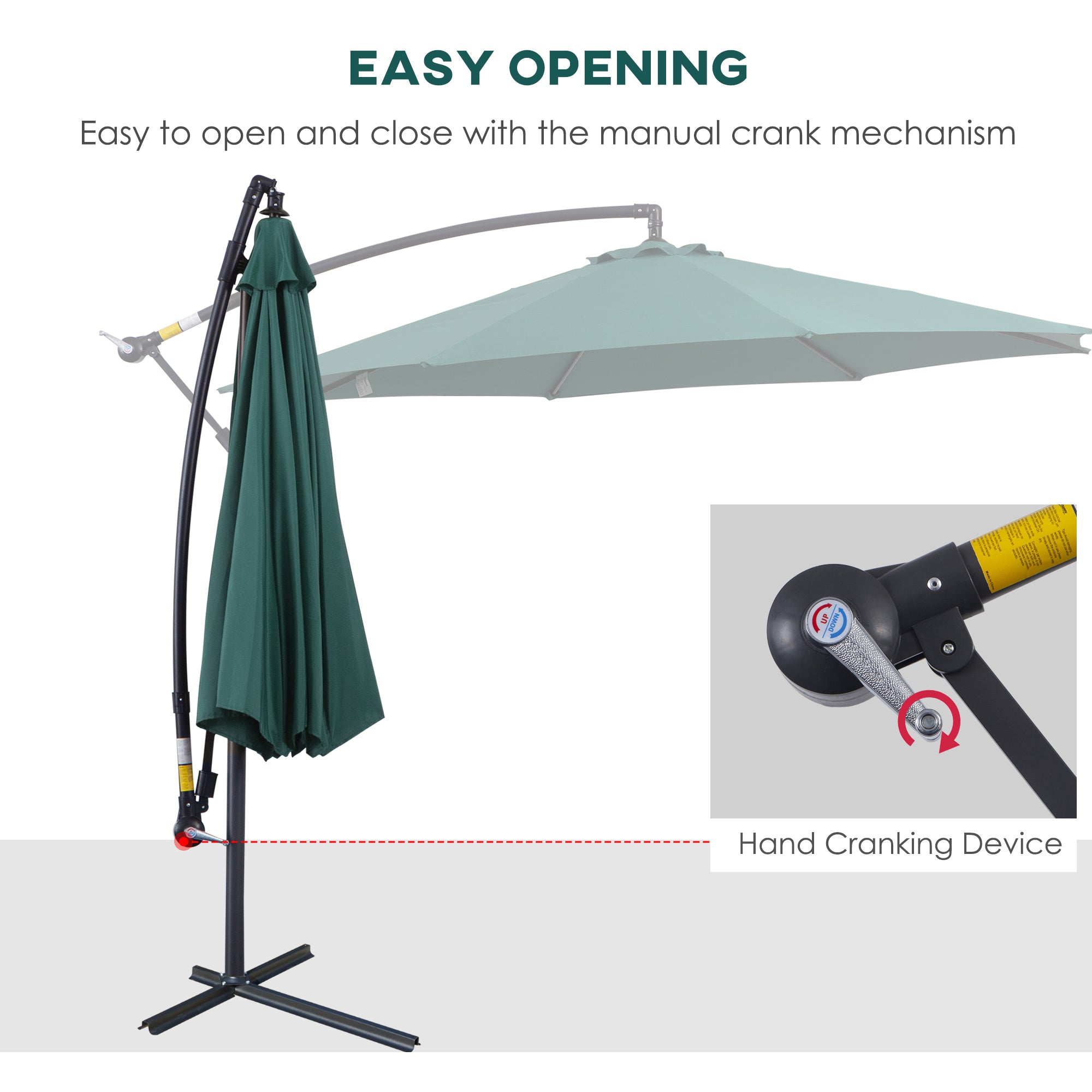 Outsunny Cantilever Parasol, 3m Banana Hanging Umbrella with Crank Handle, 8 Ribs, Cross Base, Outdoor Sun Shade, Dark Green