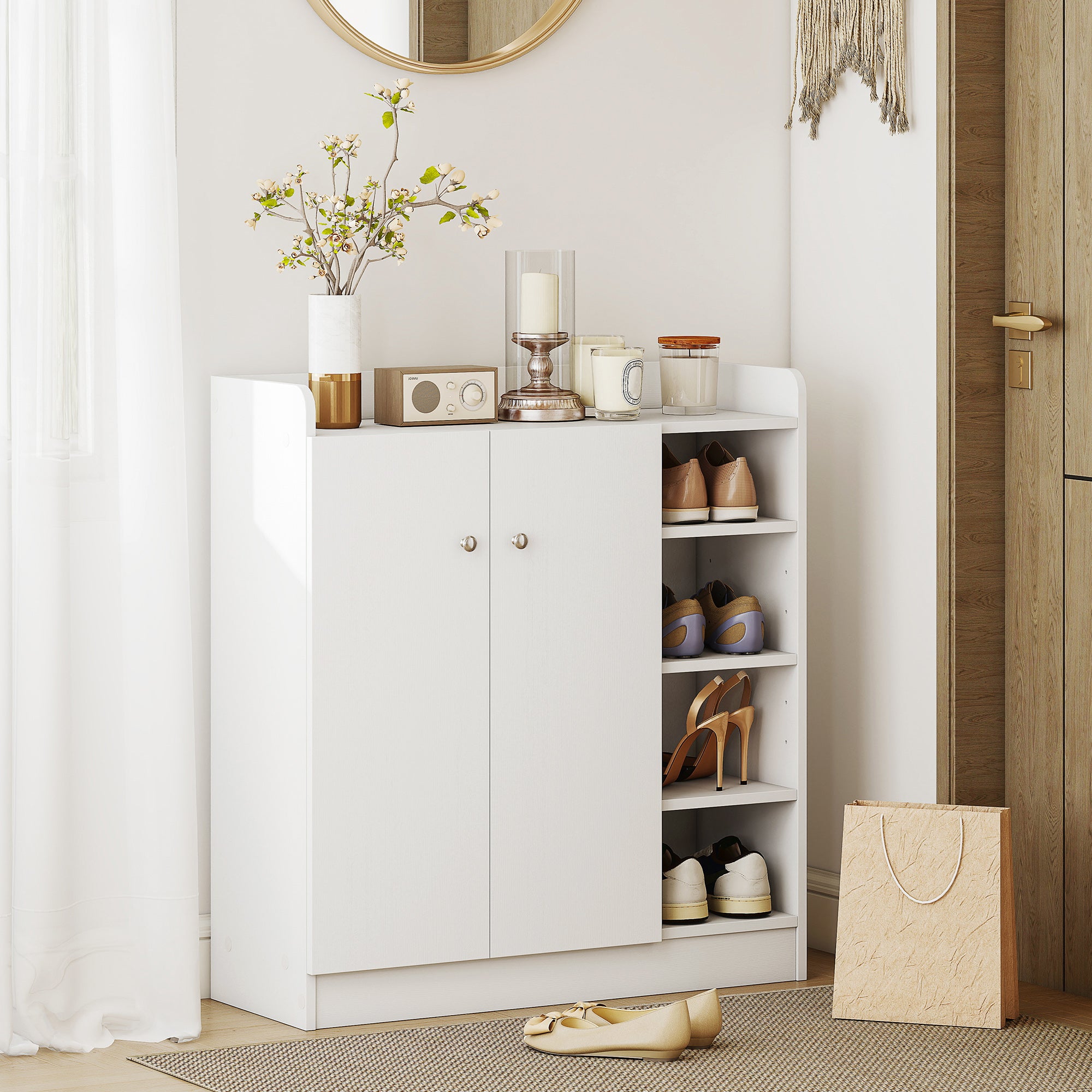 Kozy Shoe Storage Cabinet  Two Doors w/ Adjustable 4 Shelves Cupboard Footwear Rack Stand Organiser Hallway White