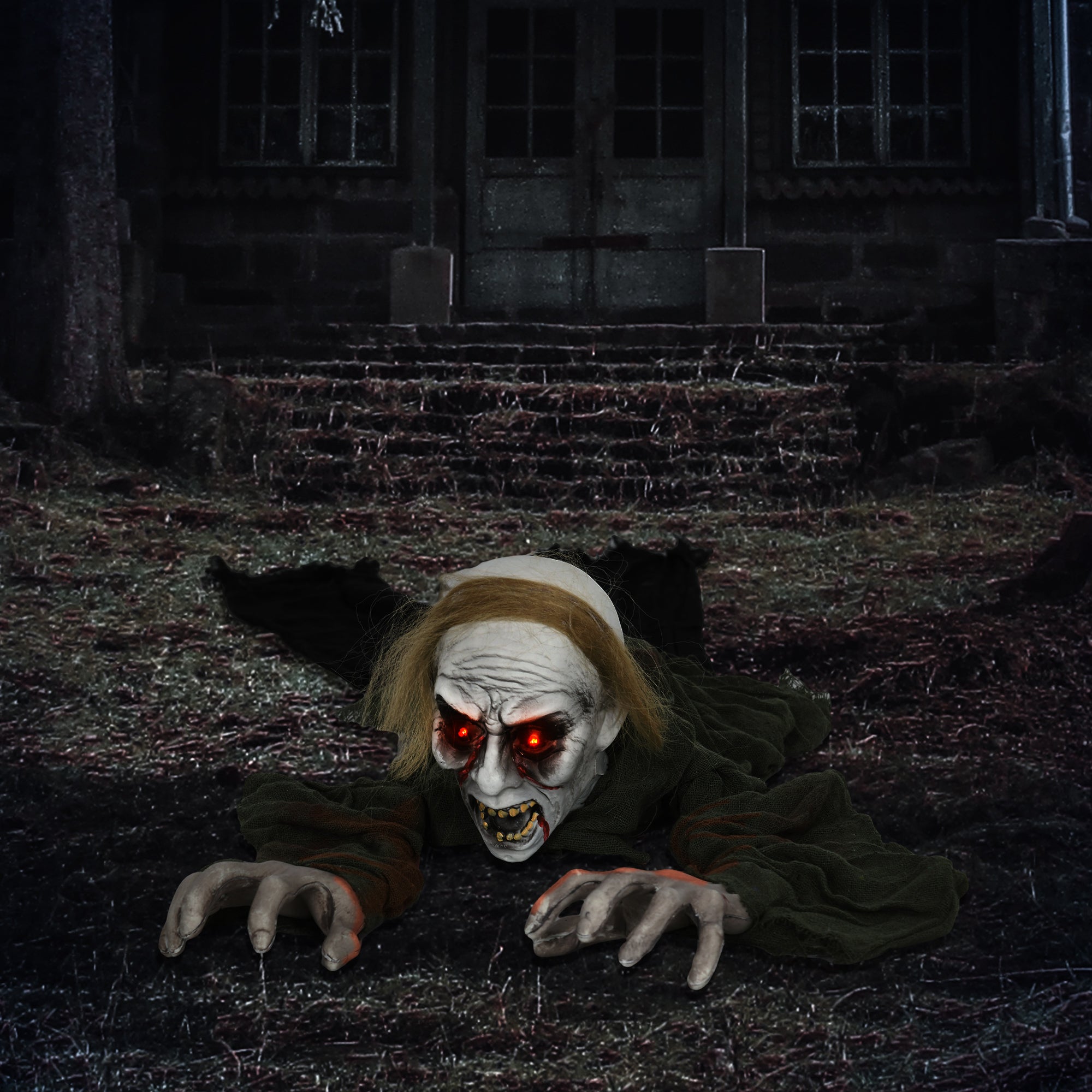 Kozy - 167 cm Outdoor Halloween Decoration Crawling Zombie, Animated Prop Decor with Sound Activated, Light Up Eyes