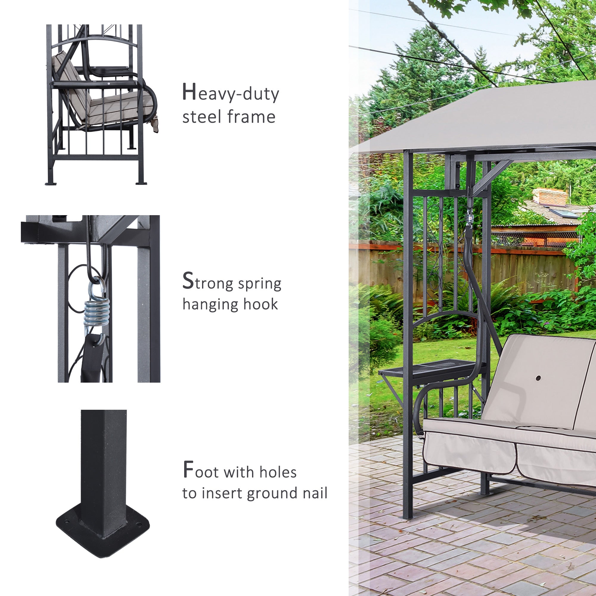 Outsunny Outdoor Garden 2 Seater Canopy Swing Chair Seat Porch Loveseat Vintage Hammock Cushioned Seat w/ and Side Drink Panel