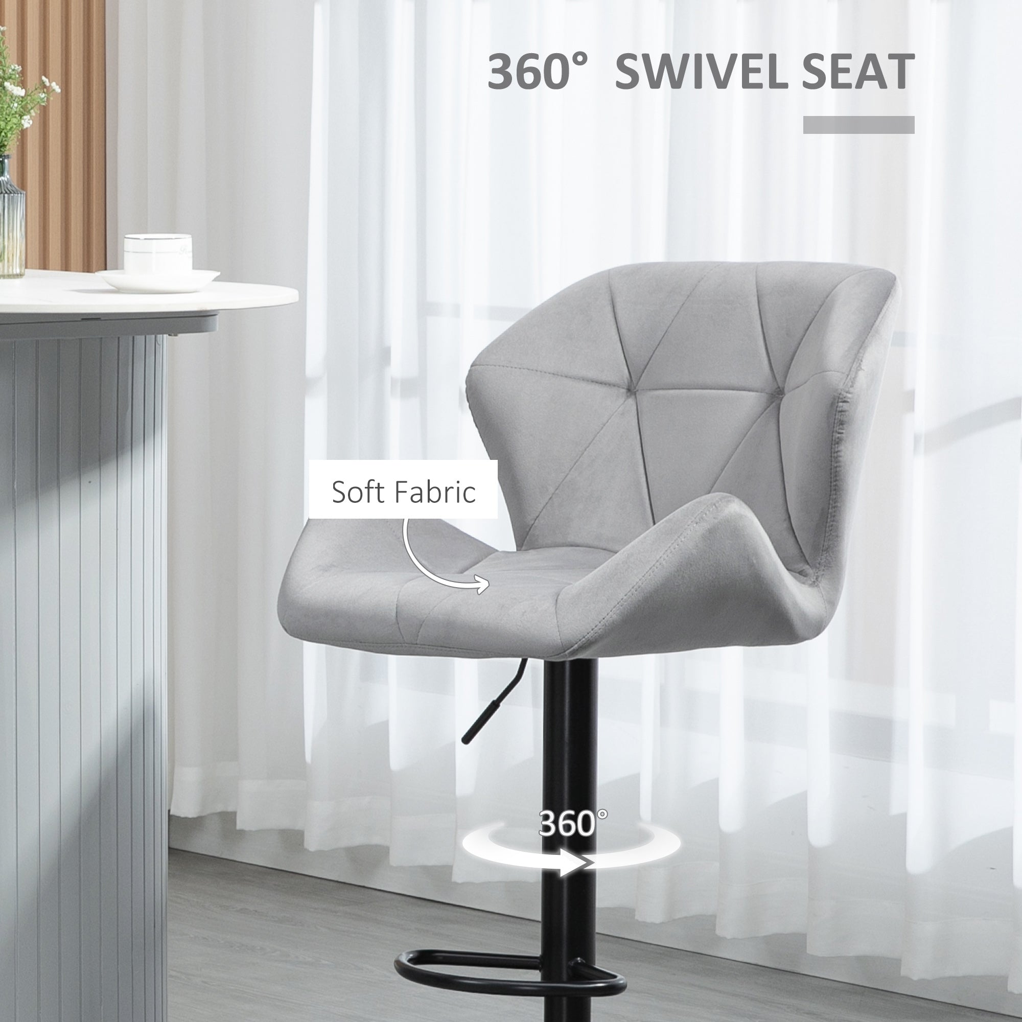 HOMCOM Set Of 2 Bar Chair With Backs, Velvet-Touch Bar Stools w/ Metal Frame Footrest, Adjustable Height Swivel Grey | Aosom UK