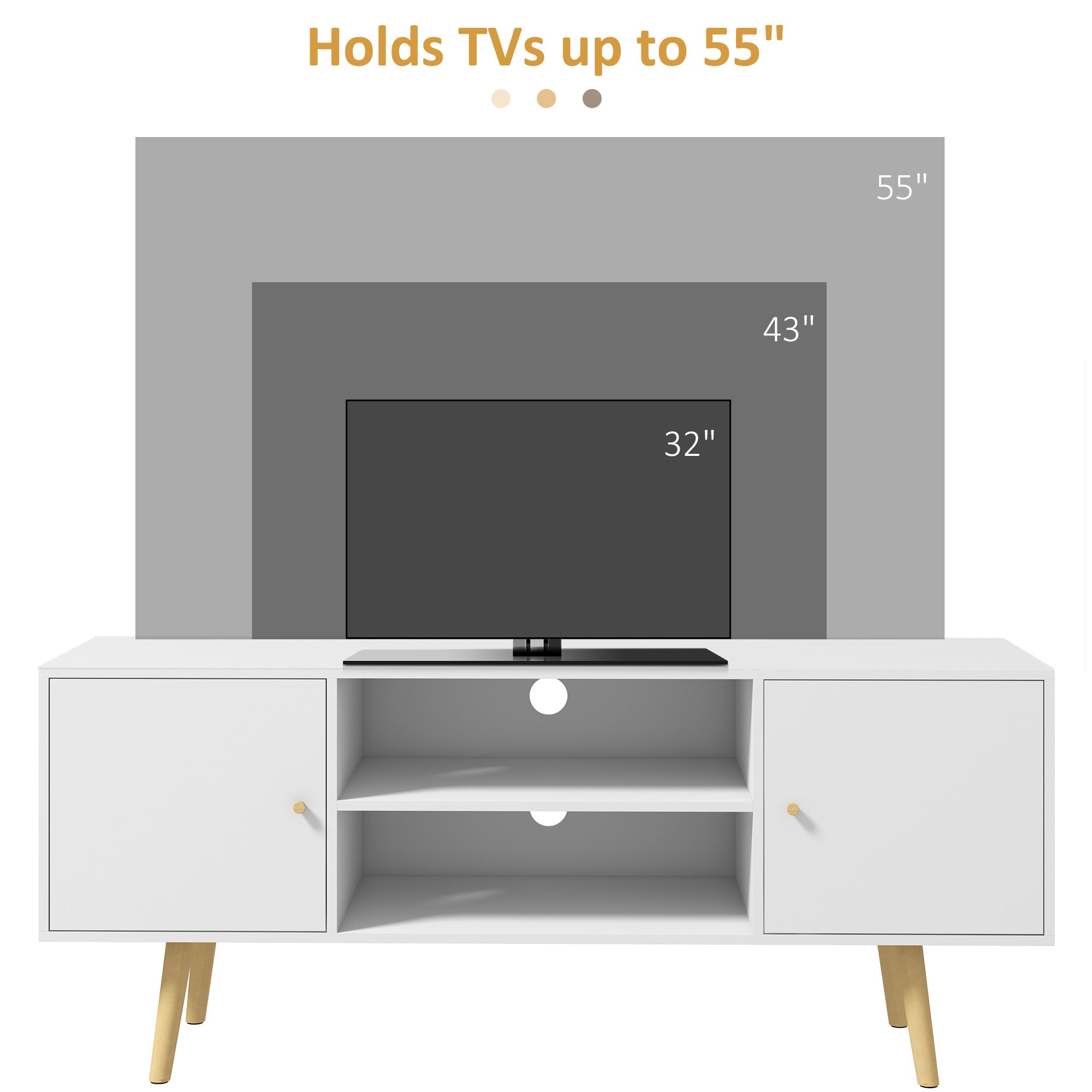 Kozy TV Stand Cabinet up to 55 Inches, TV Unit with Storage Shelves and Wood Legs for Living Room, Bedroom, White